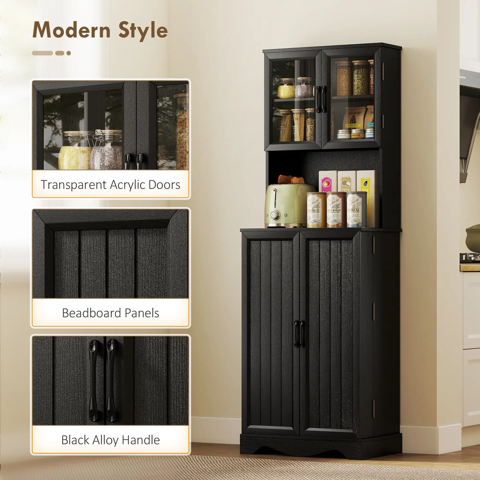 71 Inch Kitchen Pantry Cabinet, Freestanding Hutch, Black - Image 7