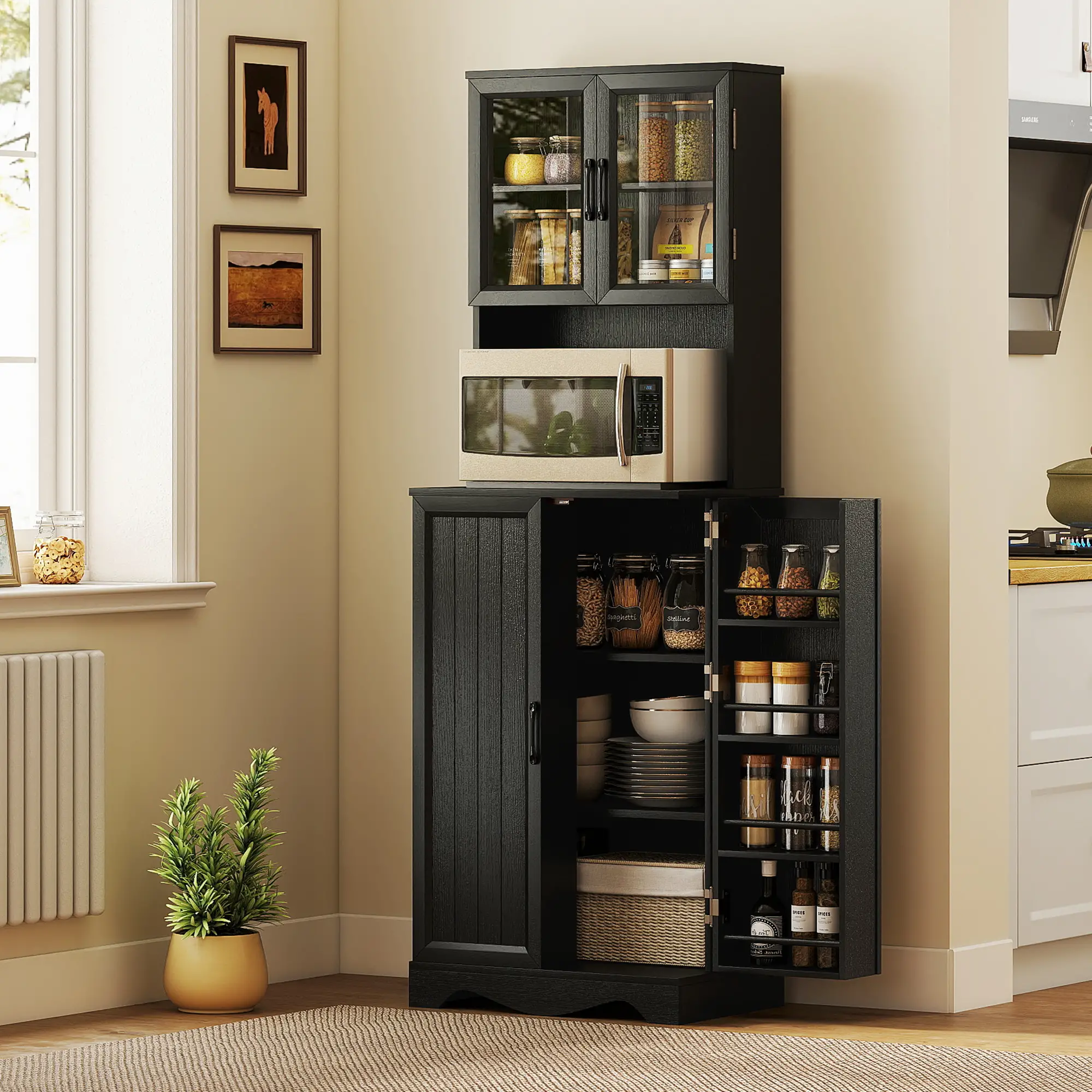 71 Inch Kitchen Pantry Cabinet, Freestanding Hutch, Black - Image 8