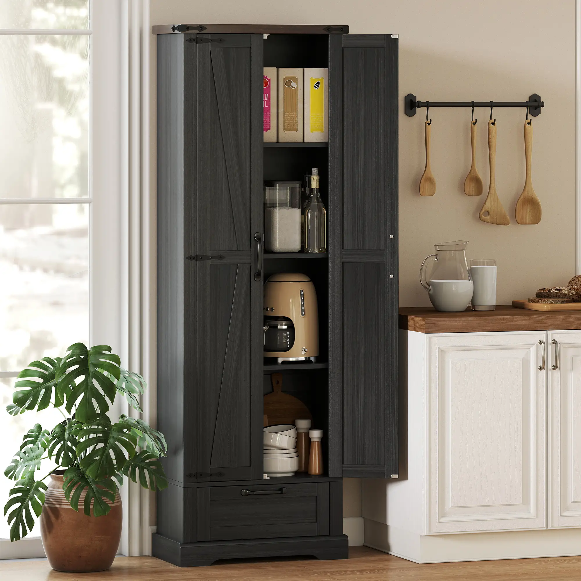 71 Inch Pantry Cabinet, Kitchen Storage with Adjustable Shelves, 2 Doors, Drawer, Black - Image 2