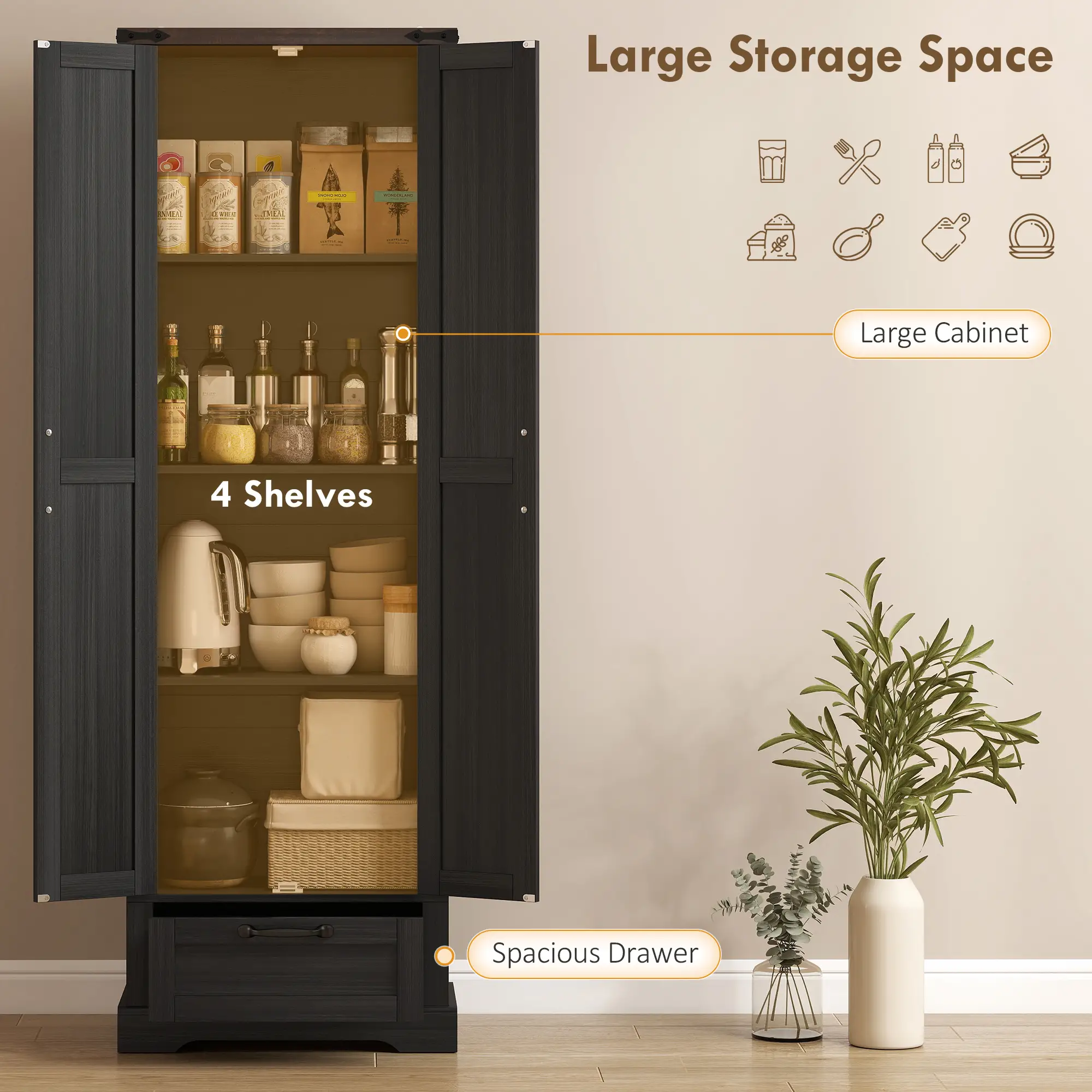 71 Inch Pantry Cabinet, Kitchen Storage with Adjustable Shelves, 2 Doors, Drawer, Black - Image 4