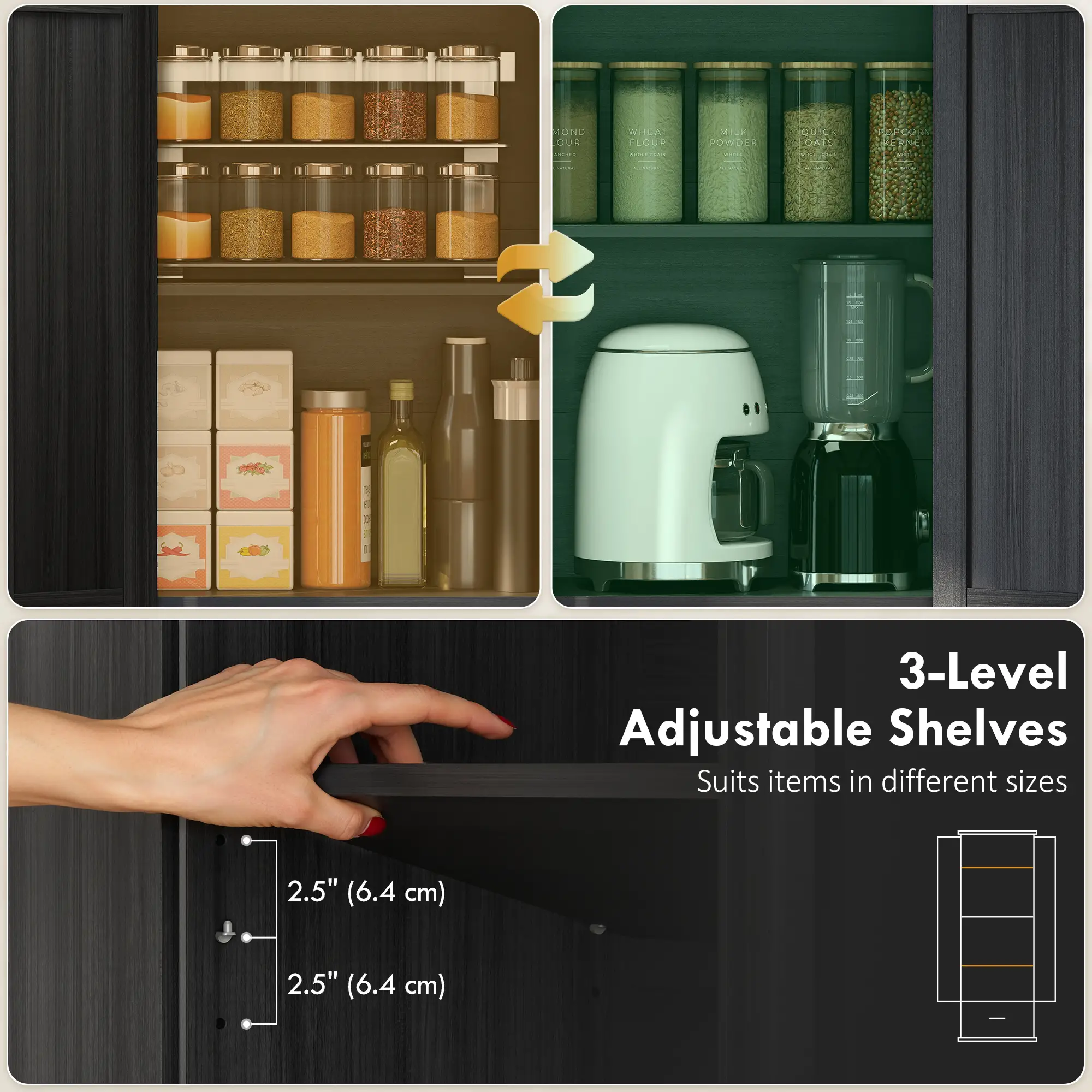 71 Inch Pantry Cabinet, Kitchen Storage with Adjustable Shelves, 2 Doors, Drawer, Black - Image 5