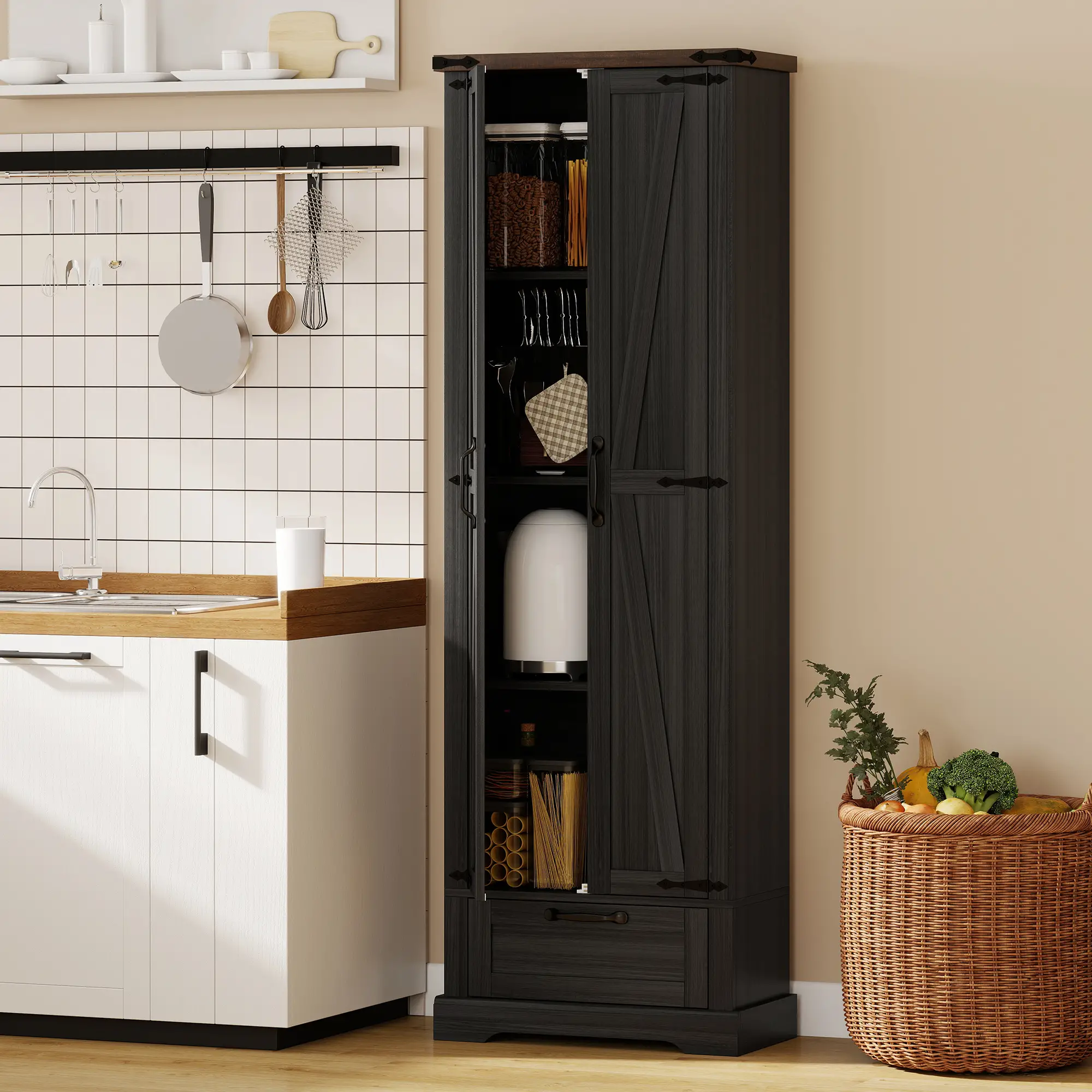 71 Inch Pantry Cabinet, Kitchen Storage with Adjustable Shelves, 2 Doors, Drawer, Black - Image 8