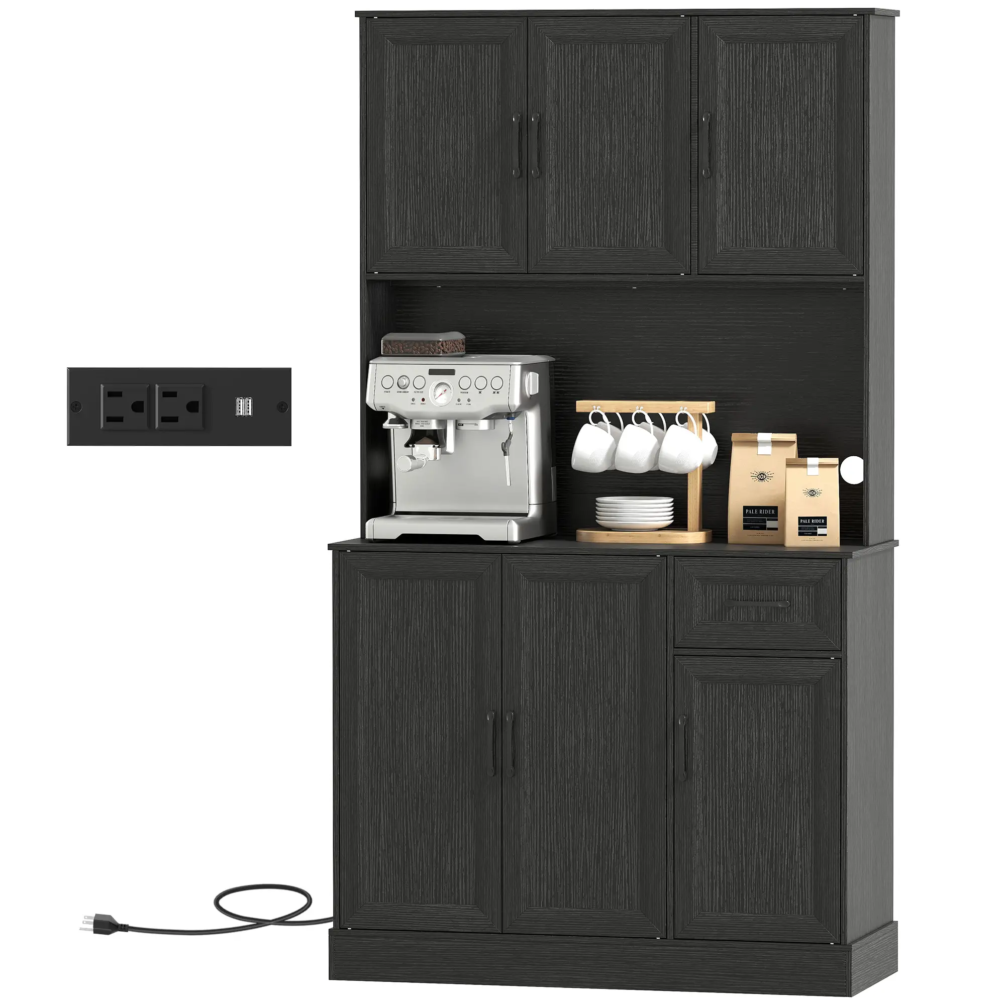 71 Inch Pantry Cabinet with Charging Station, Microwave Stand, Adjustable Shelves, Black