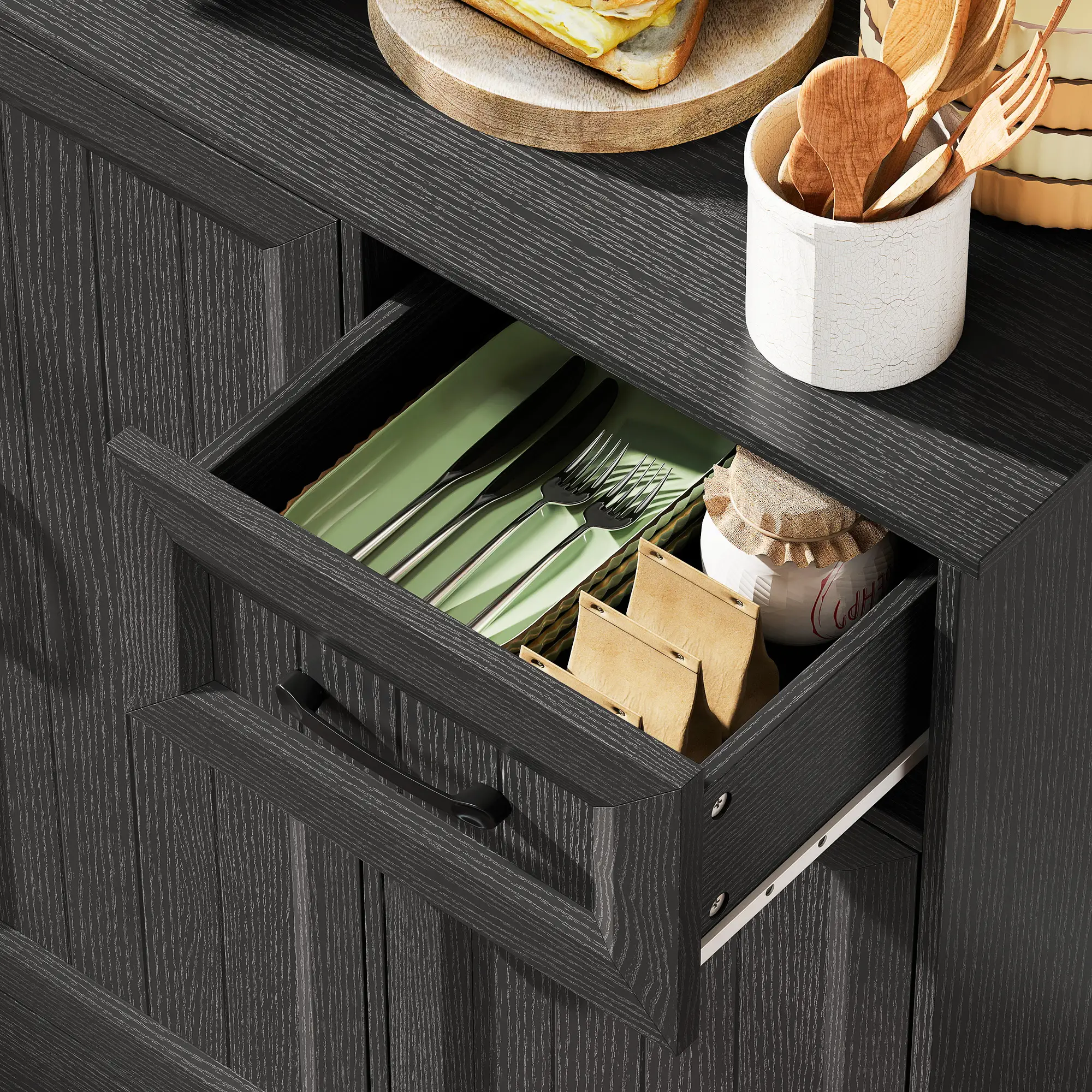 71 Inch Pantry Cabinet with Charging Station, Microwave Stand, Adjustable Shelves, Black - Image 10