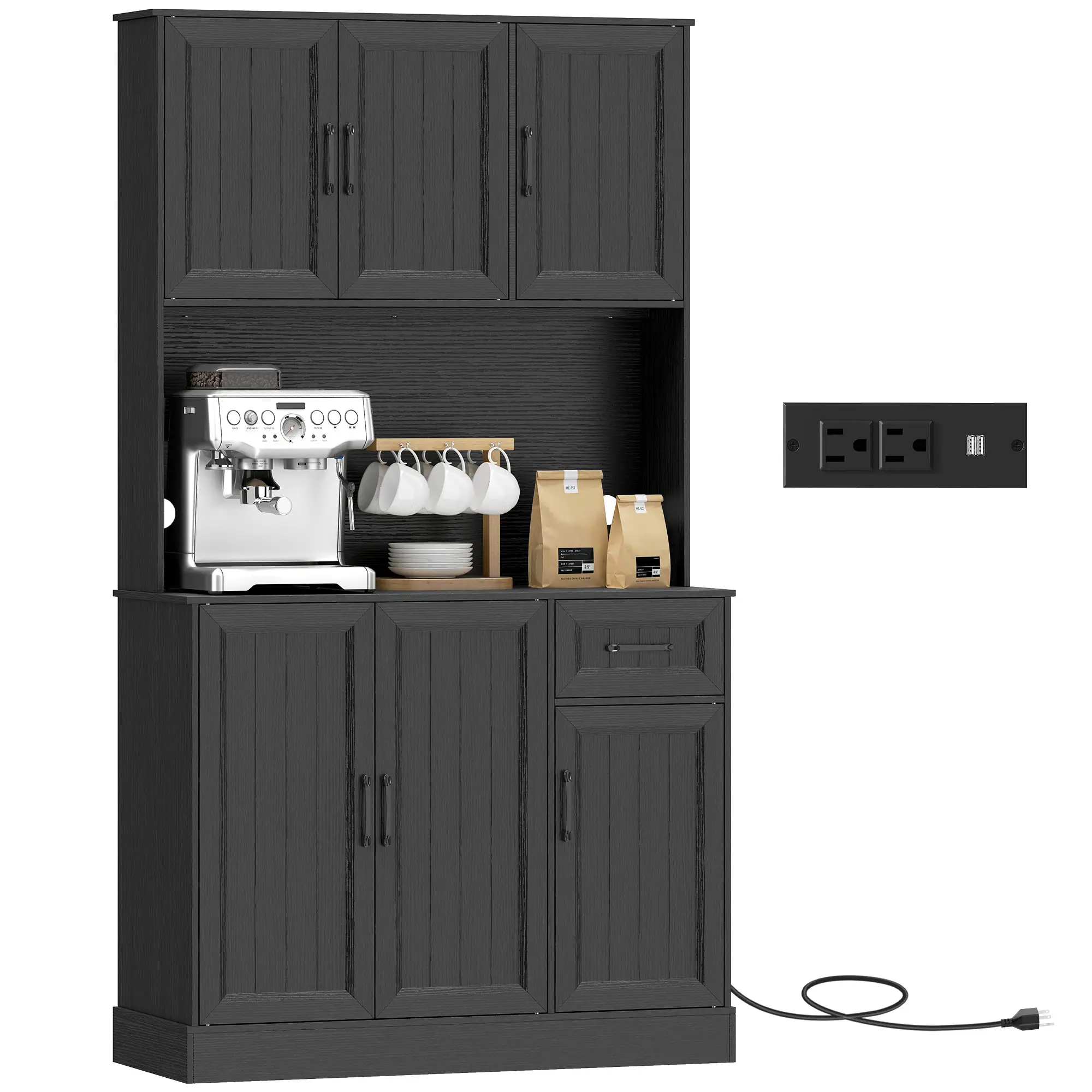 71 Inch Pantry Cabinet with Charging Station, Microwave Stand, Adjustable Shelves, Black - Image 11