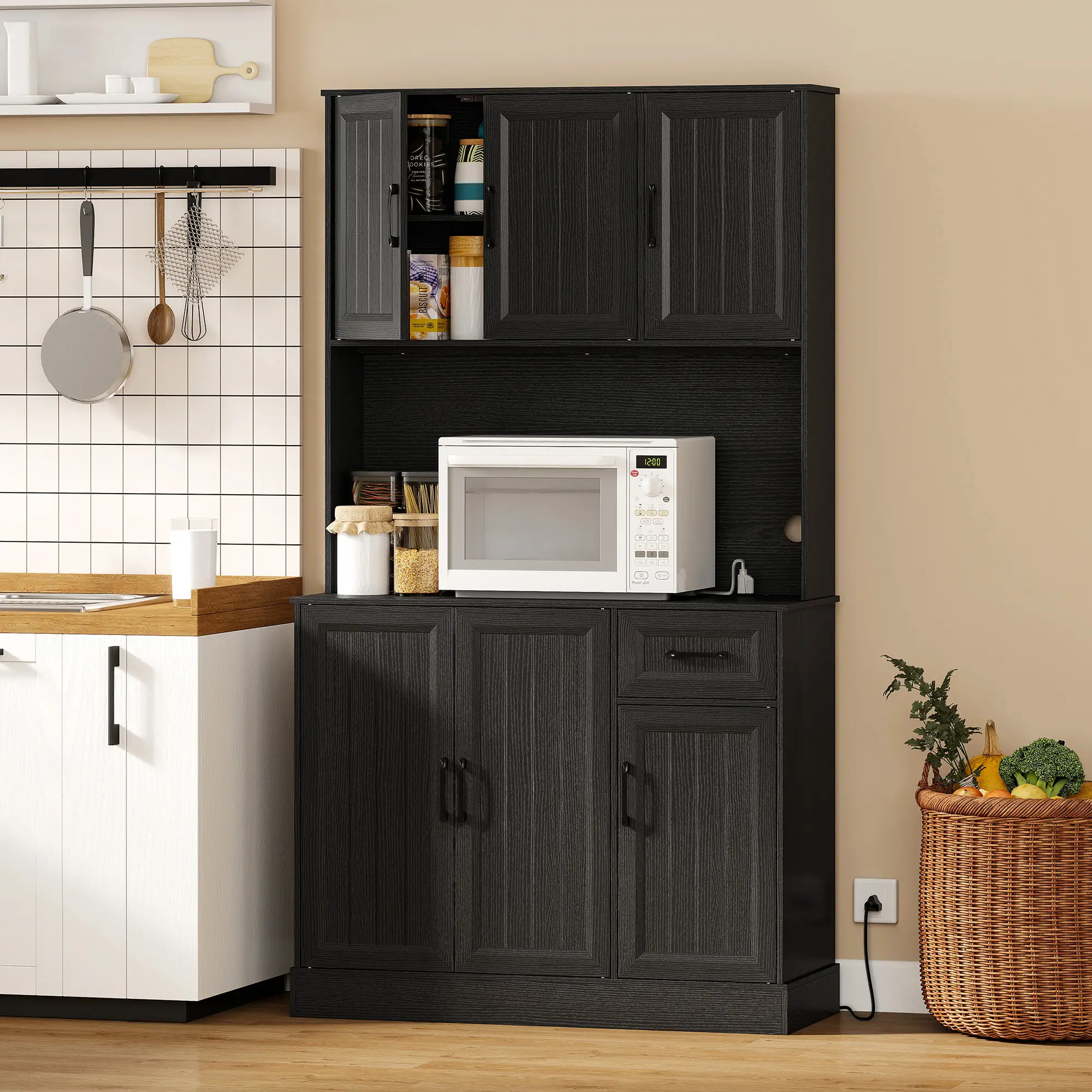71 Inch Pantry Cabinet with Charging Station, Microwave Stand, Adjustable Shelves, Black - Image 2