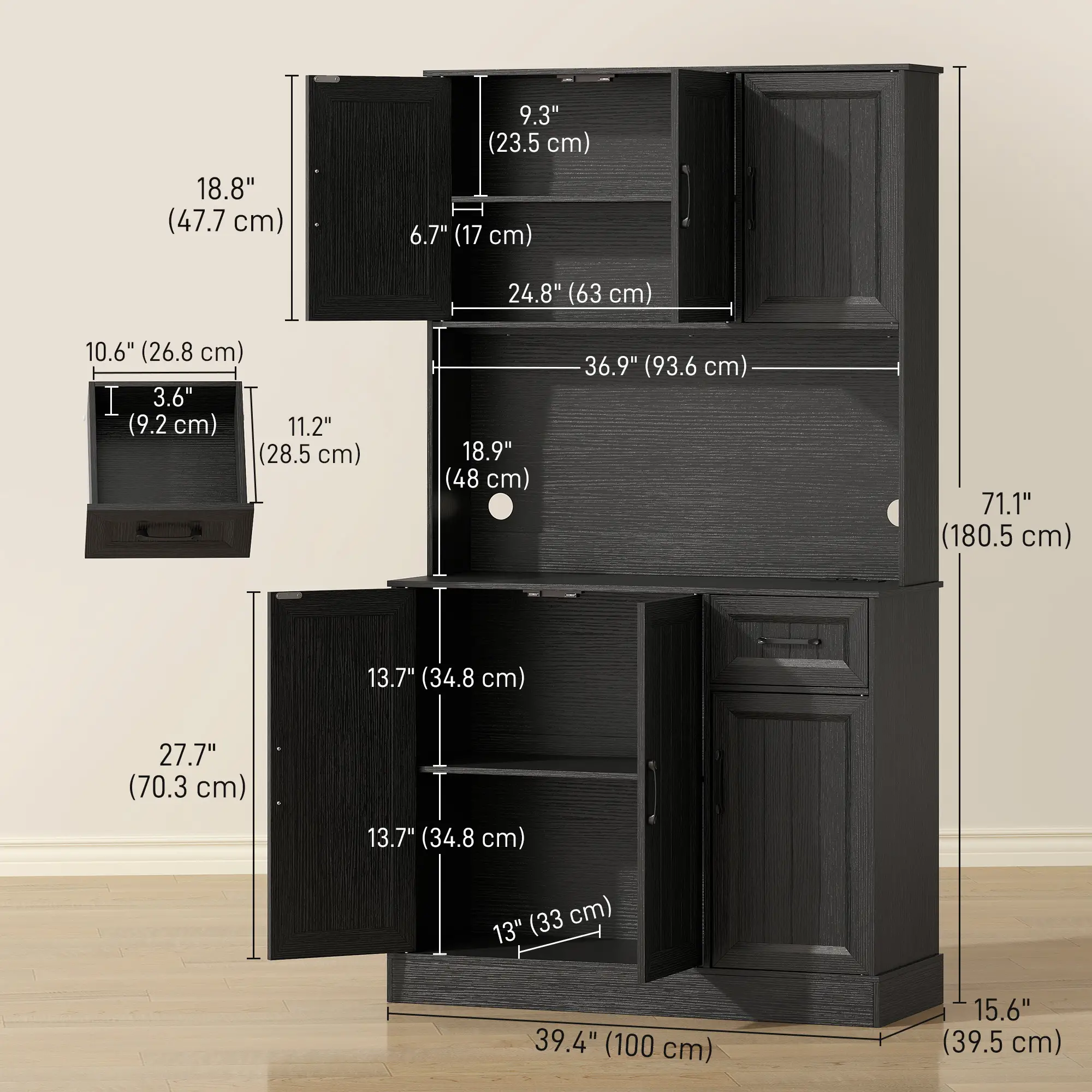 71 Inch Pantry Cabinet with Charging Station, Microwave Stand, Adjustable Shelves, Black - Image 3