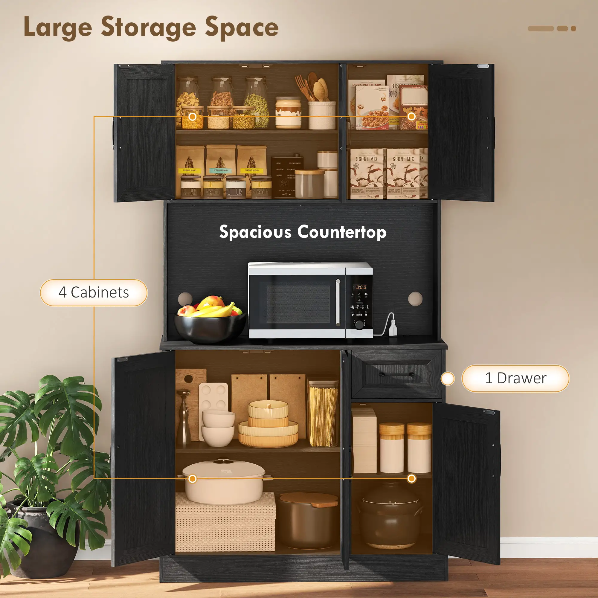 71 Inch Pantry Cabinet with Charging Station, Microwave Stand, Adjustable Shelves, Black - Image 4