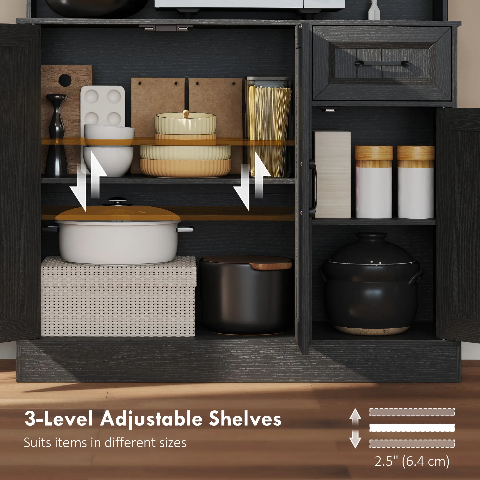 71 Inch Pantry Cabinet with Charging Station, Microwave Stand, Adjustable Shelves, Black - Image 5