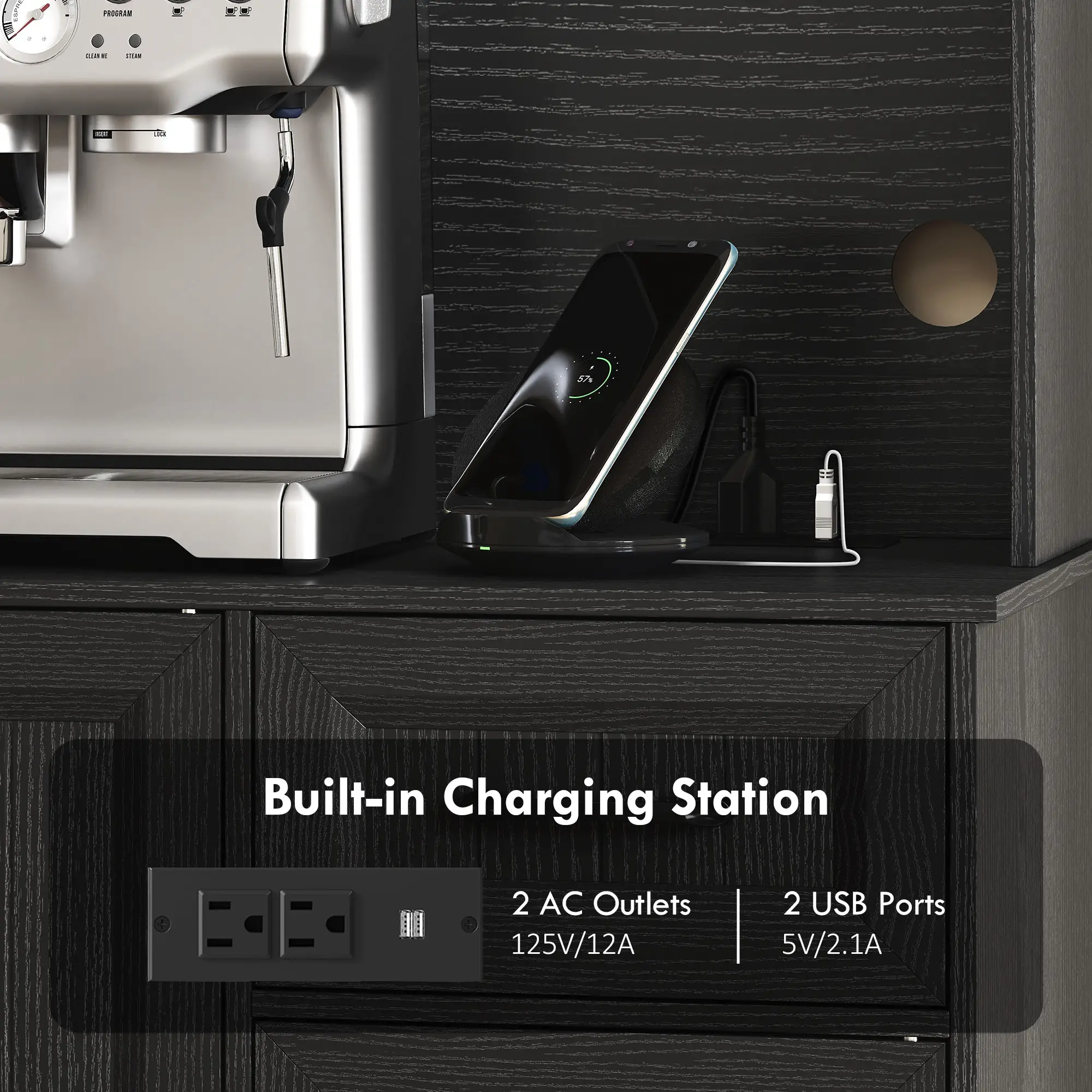 71 Inch Pantry Cabinet with Charging Station, Microwave Stand, Adjustable Shelves, Black - Image 7