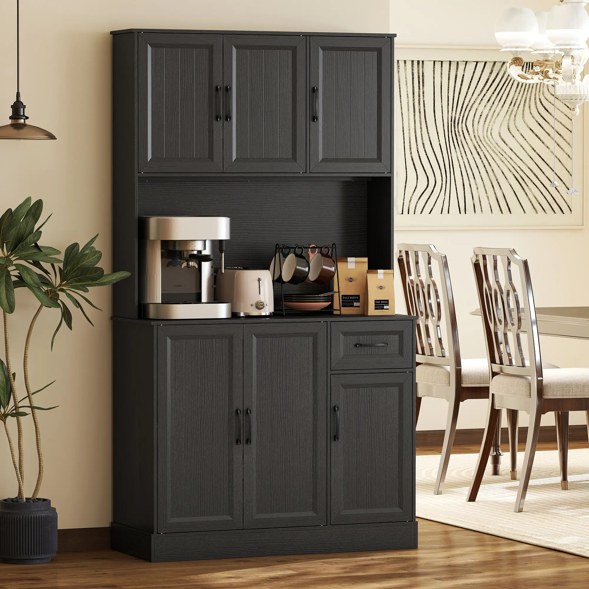 71 Inch Pantry Cabinet with Charging Station, Microwave Stand, Adjustable Shelves, Black - Image 8