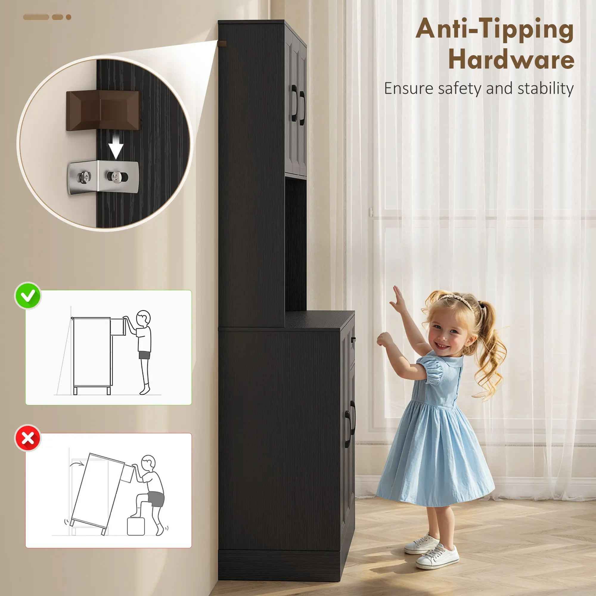 71 Inch Pantry Cabinet with Charging Station, Microwave Stand, Adjustable Shelves, Black - Image 9