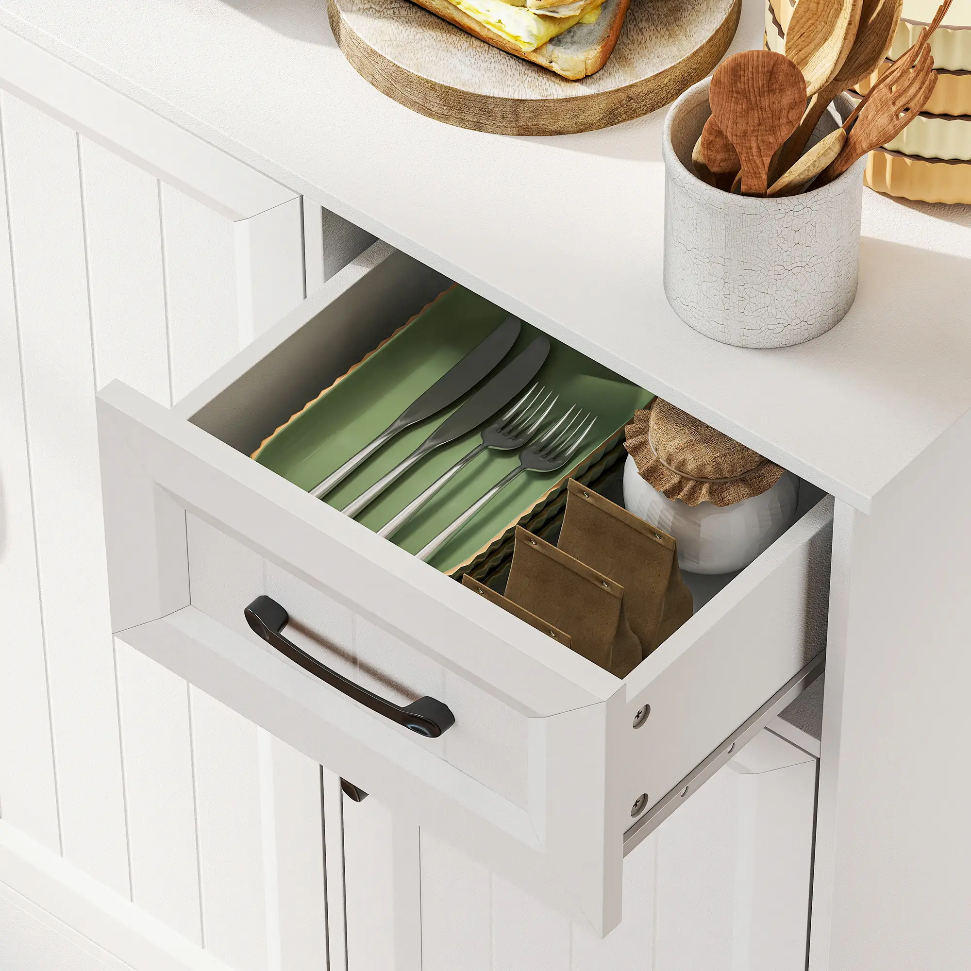 71 Inch Pantry Cabinet with Charging Station, Microwave Stand, Adjustable Shelves, White - Image 10
