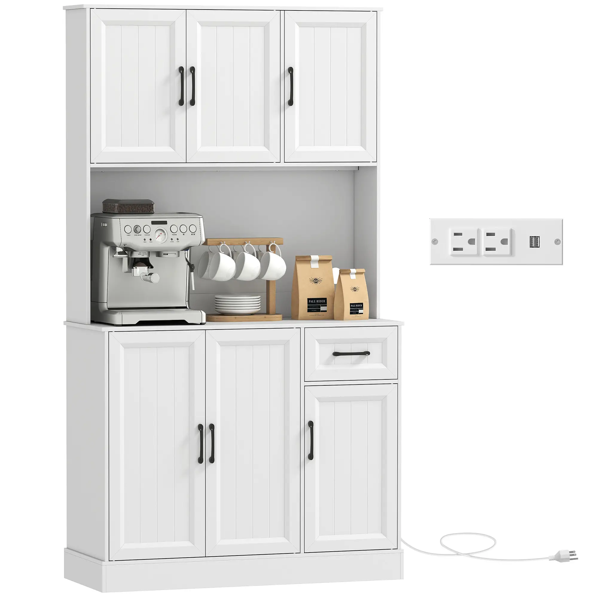 71 Inch Pantry Cabinet with Charging Station, Microwave Stand, Adjustable Shelves, White - Image 11