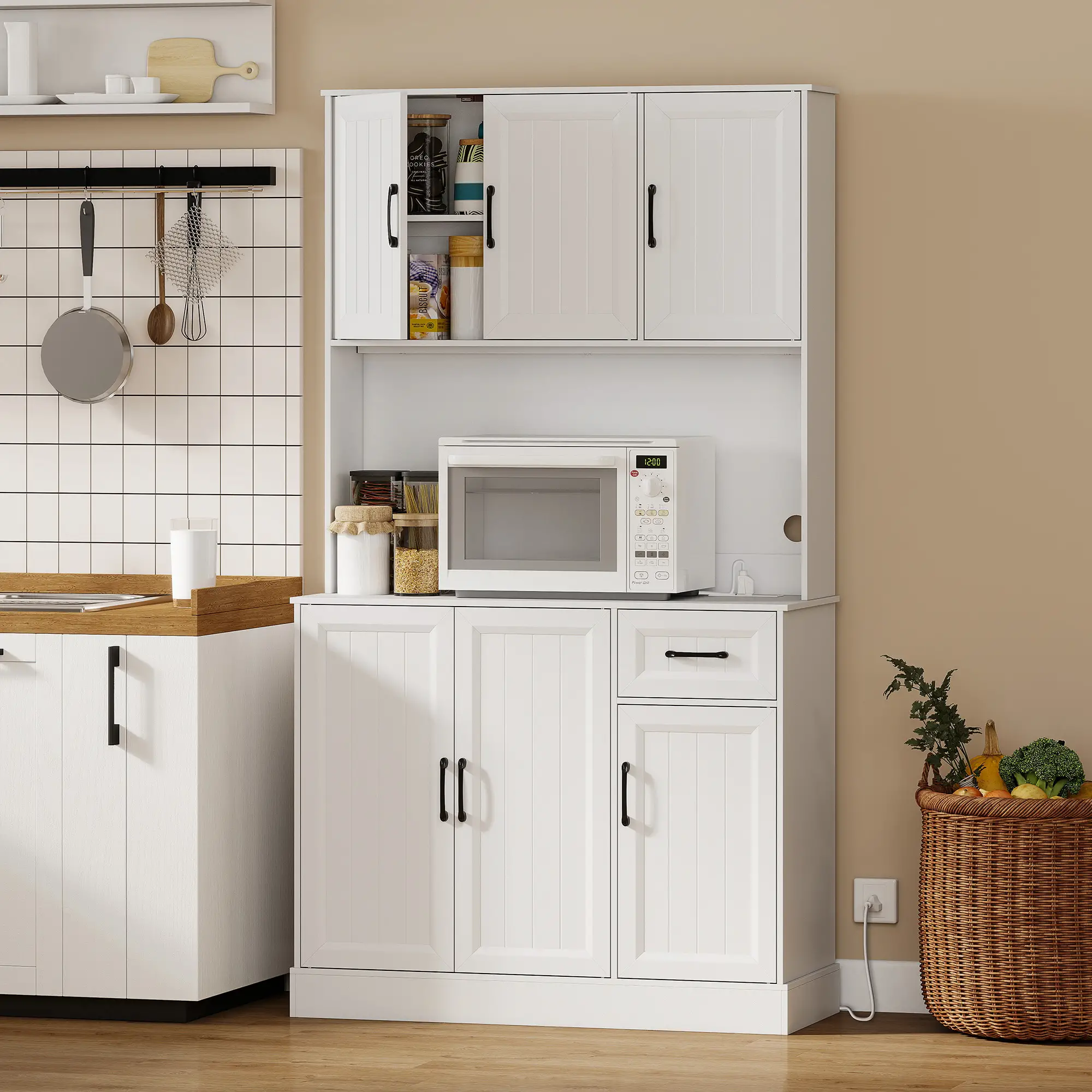 71 Inch Pantry Cabinet with Charging Station, Microwave Stand, Adjustable Shelves, White - Image 2