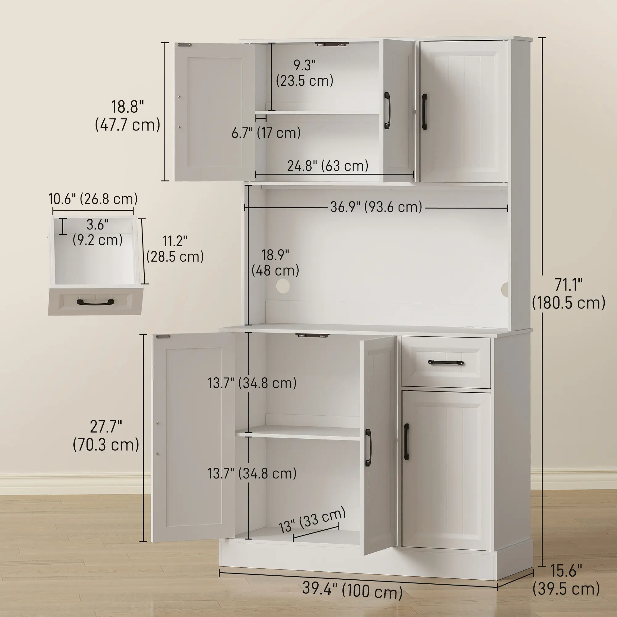 71 Inch Pantry Cabinet with Charging Station, Microwave Stand, Adjustable Shelves, White - Image 3