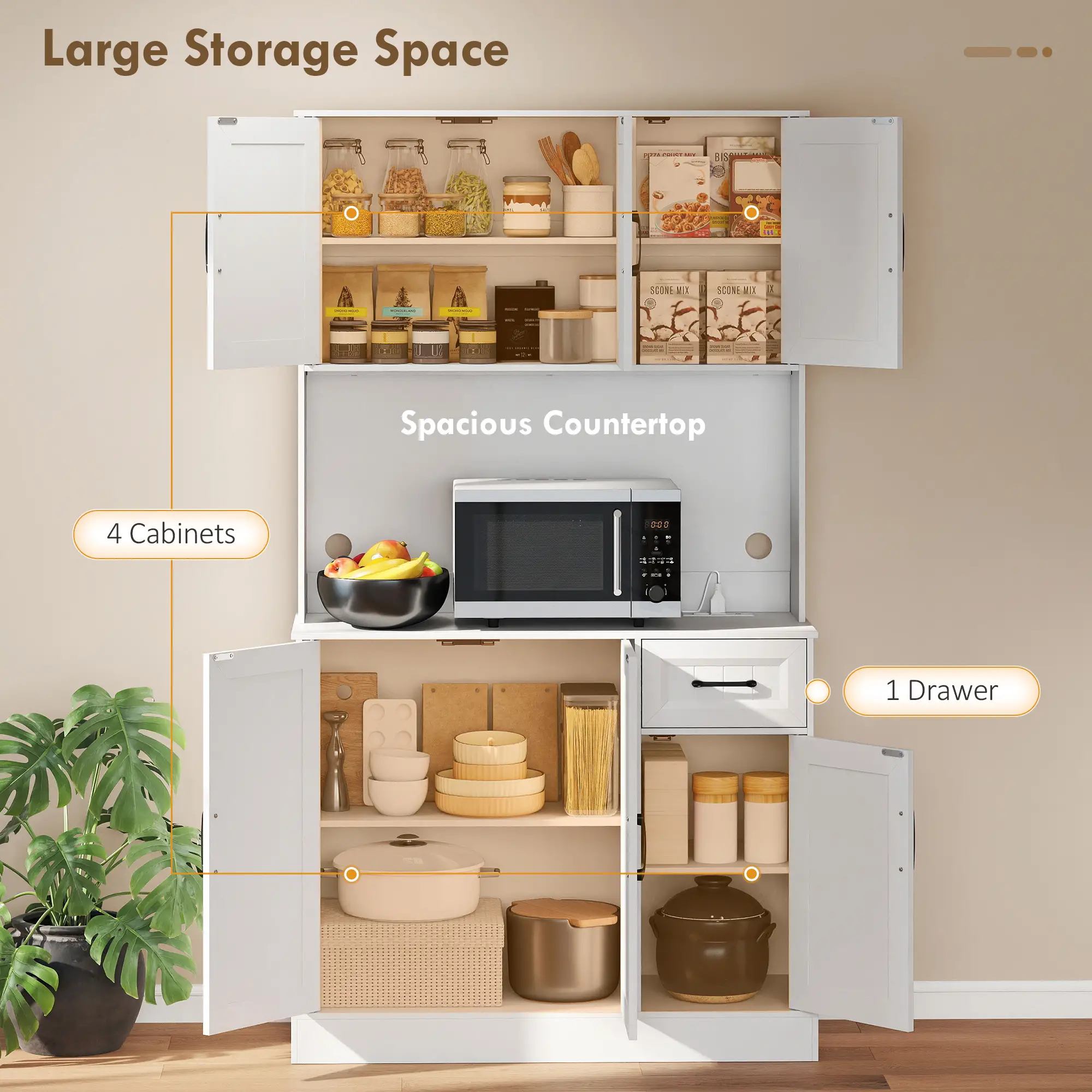 71 Inch Pantry Cabinet with Charging Station, Microwave Stand, Adjustable Shelves, White - Image 4
