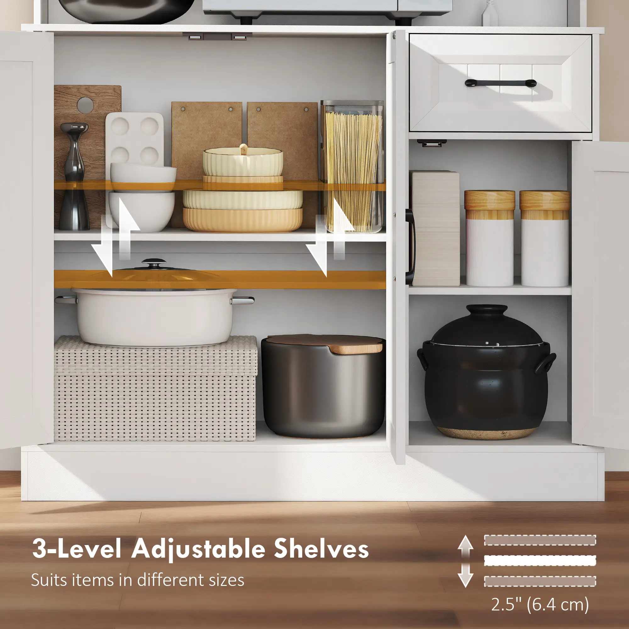 71 Inch Pantry Cabinet with Charging Station, Microwave Stand, Adjustable Shelves, White - Image 5