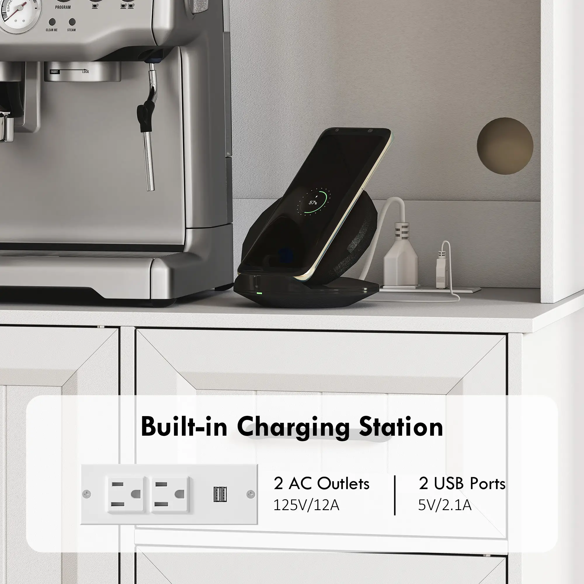 71 Inch Pantry Cabinet with Charging Station, Microwave Stand, Adjustable Shelves, White - Image 7