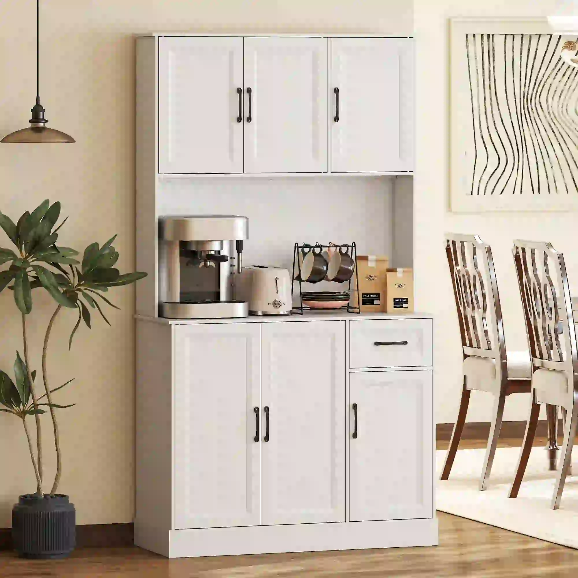 71 Inch Pantry Cabinet with Charging Station, Microwave Stand, Adjustable Shelves, White - Image 8