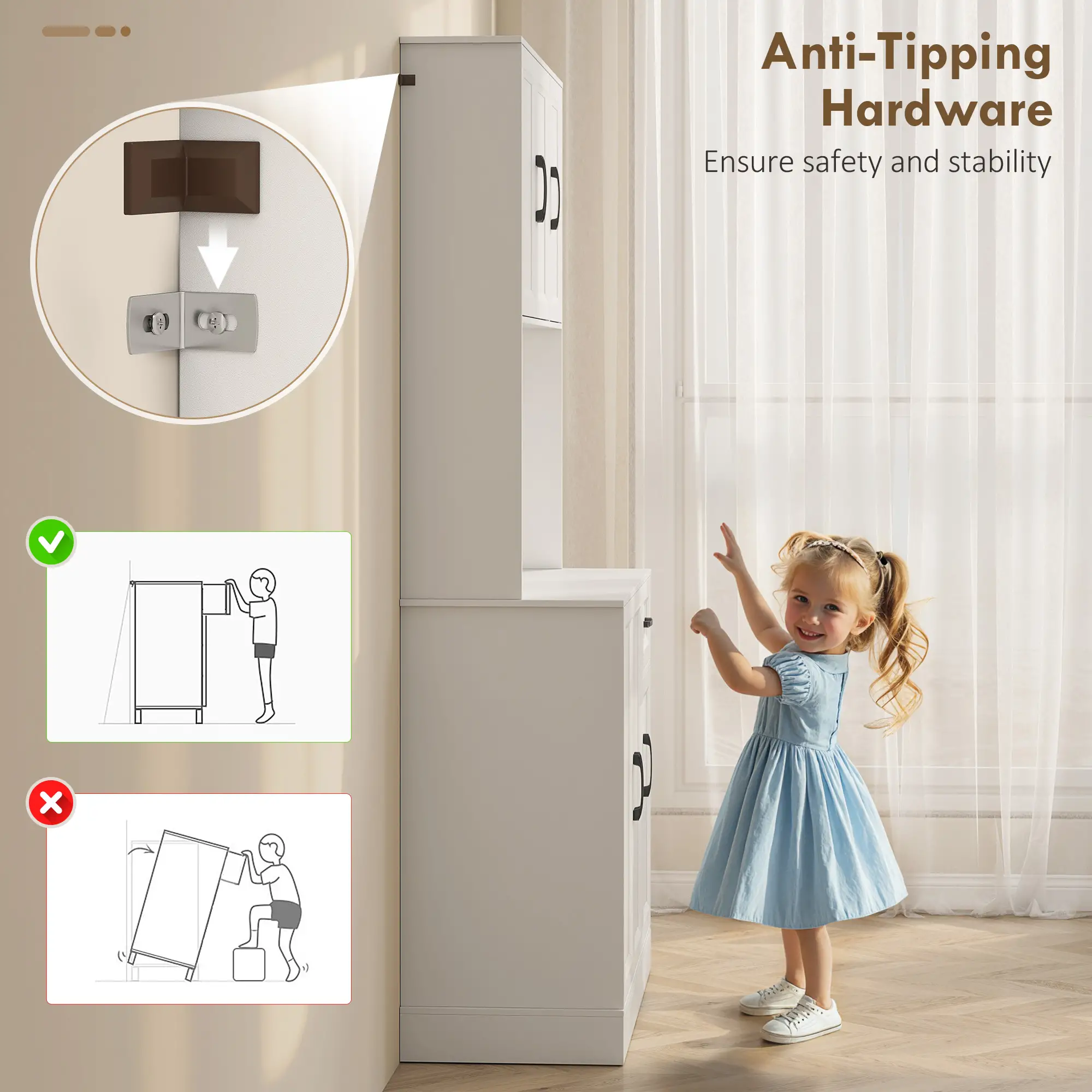 71 Inch Pantry Cabinet with Charging Station, Microwave Stand, Adjustable Shelves, White - Image 9