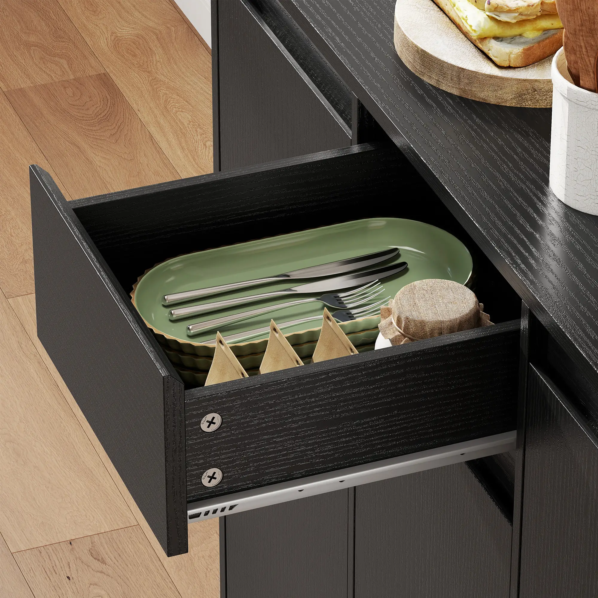 71 Inch Pantry Cabinet with Charging Station, Microwave Stand, Black - Image 10