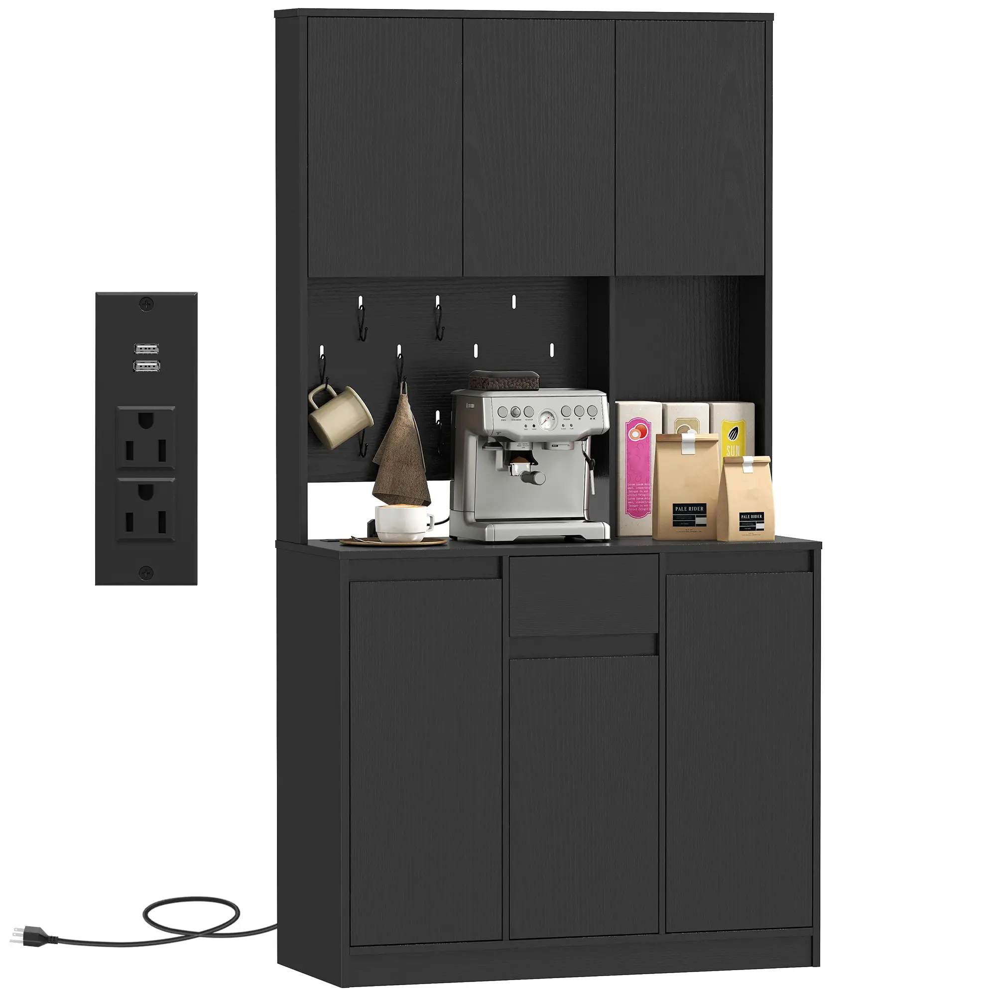 71 Inch Pantry Cabinet with Charging Station, Microwave Stand, Black - Image 11
