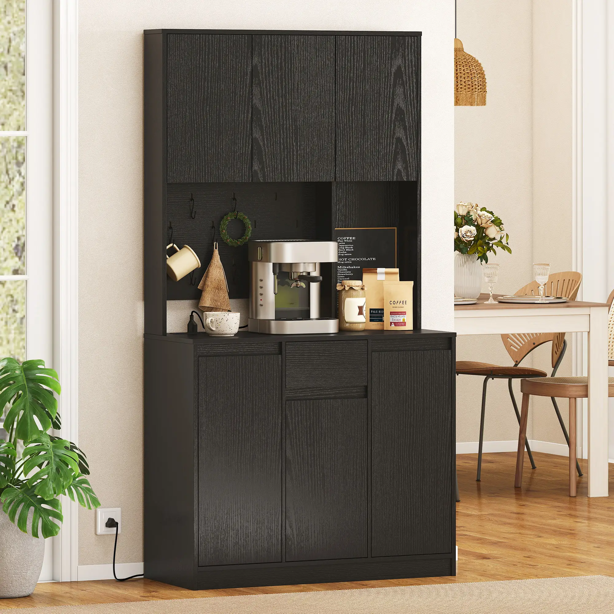 71 Inch Pantry Cabinet with Charging Station, Microwave Stand, Black - Image 2