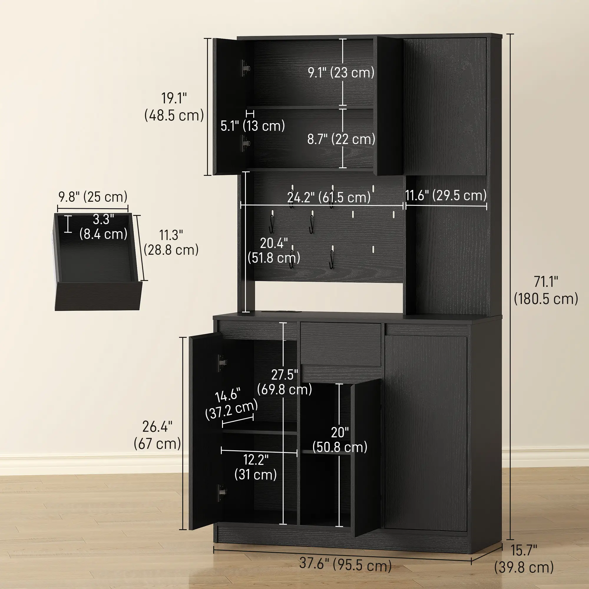 71 Inch Pantry Cabinet with Charging Station, Microwave Stand, Black - Image 3