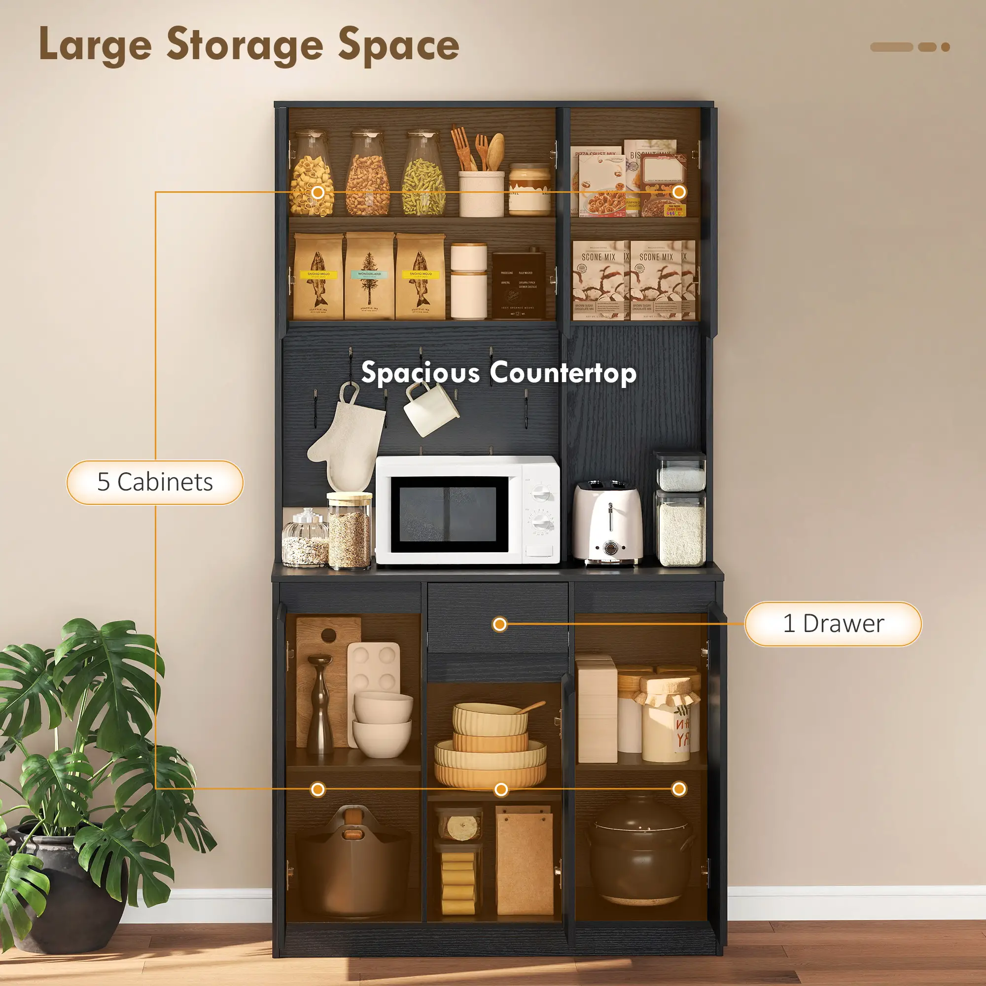 71 Inch Pantry Cabinet with Charging Station, Microwave Stand, Black - Image 4