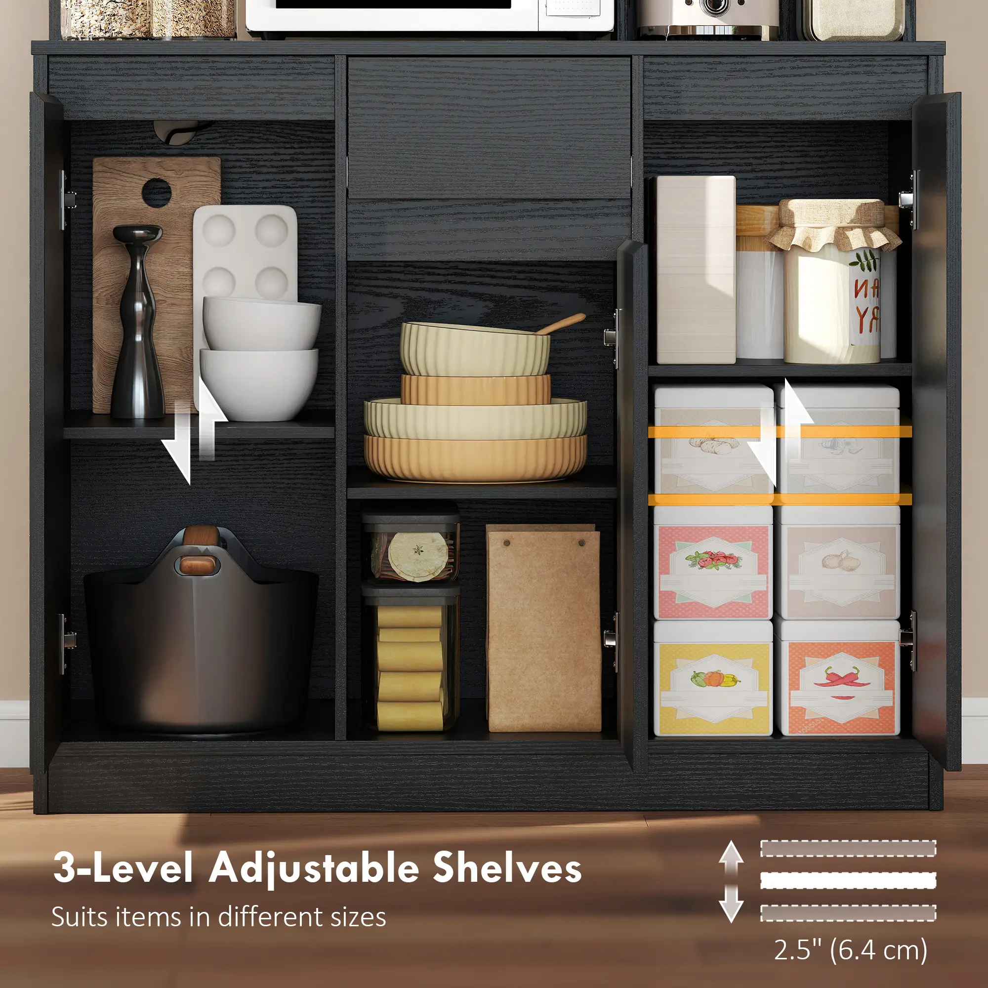 71 Inch Pantry Cabinet with Charging Station, Microwave Stand, Black - Image 5
