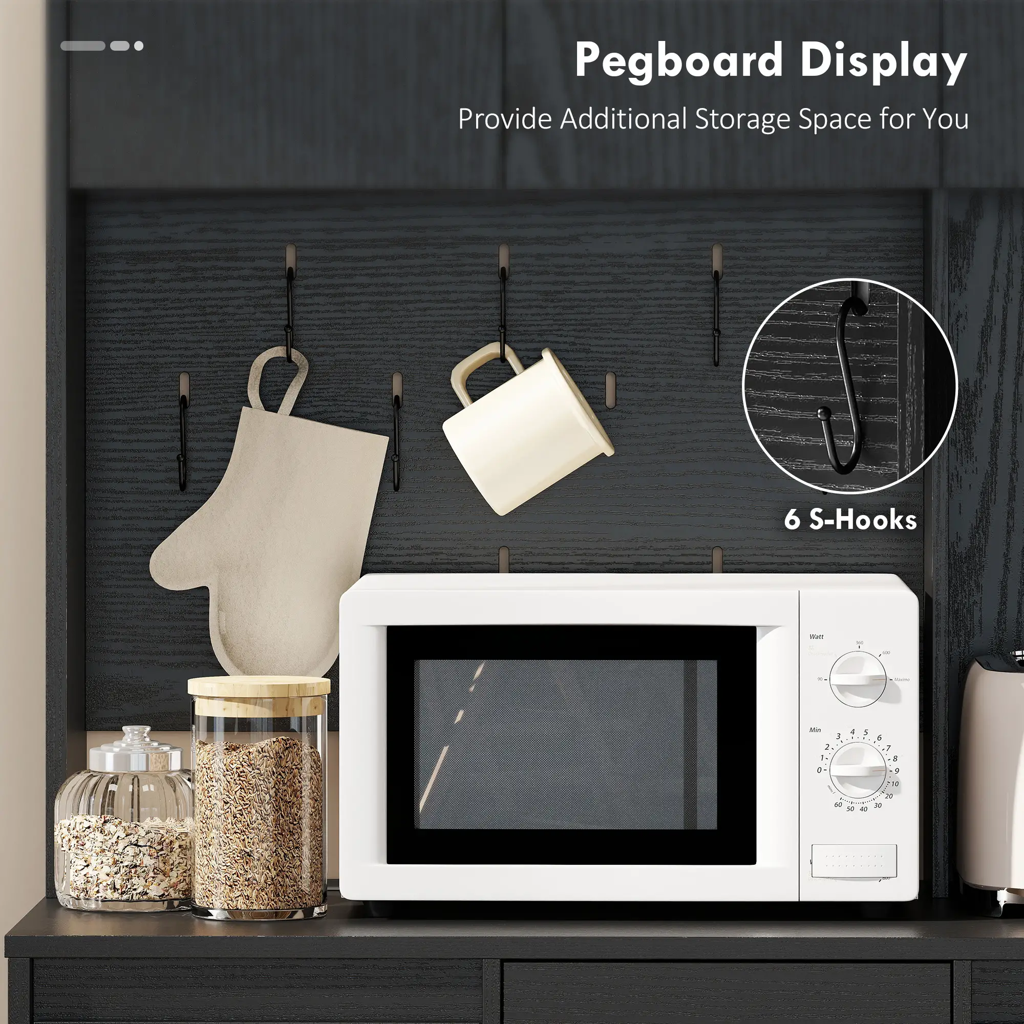 71 Inch Pantry Cabinet with Charging Station, Microwave Stand, Black - Image 6