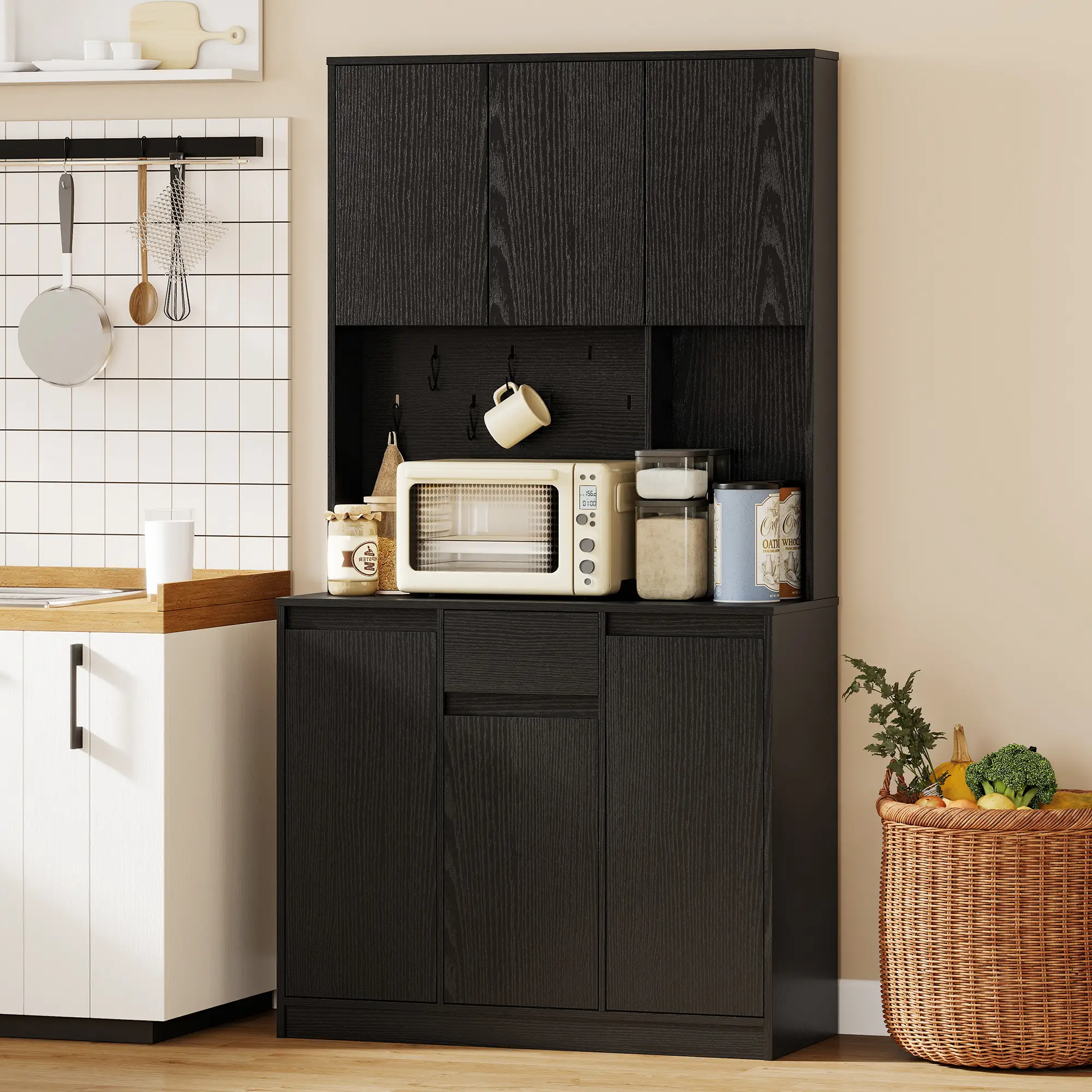 71 Inch Pantry Cabinet with Charging Station, Microwave Stand, Black - Image 8