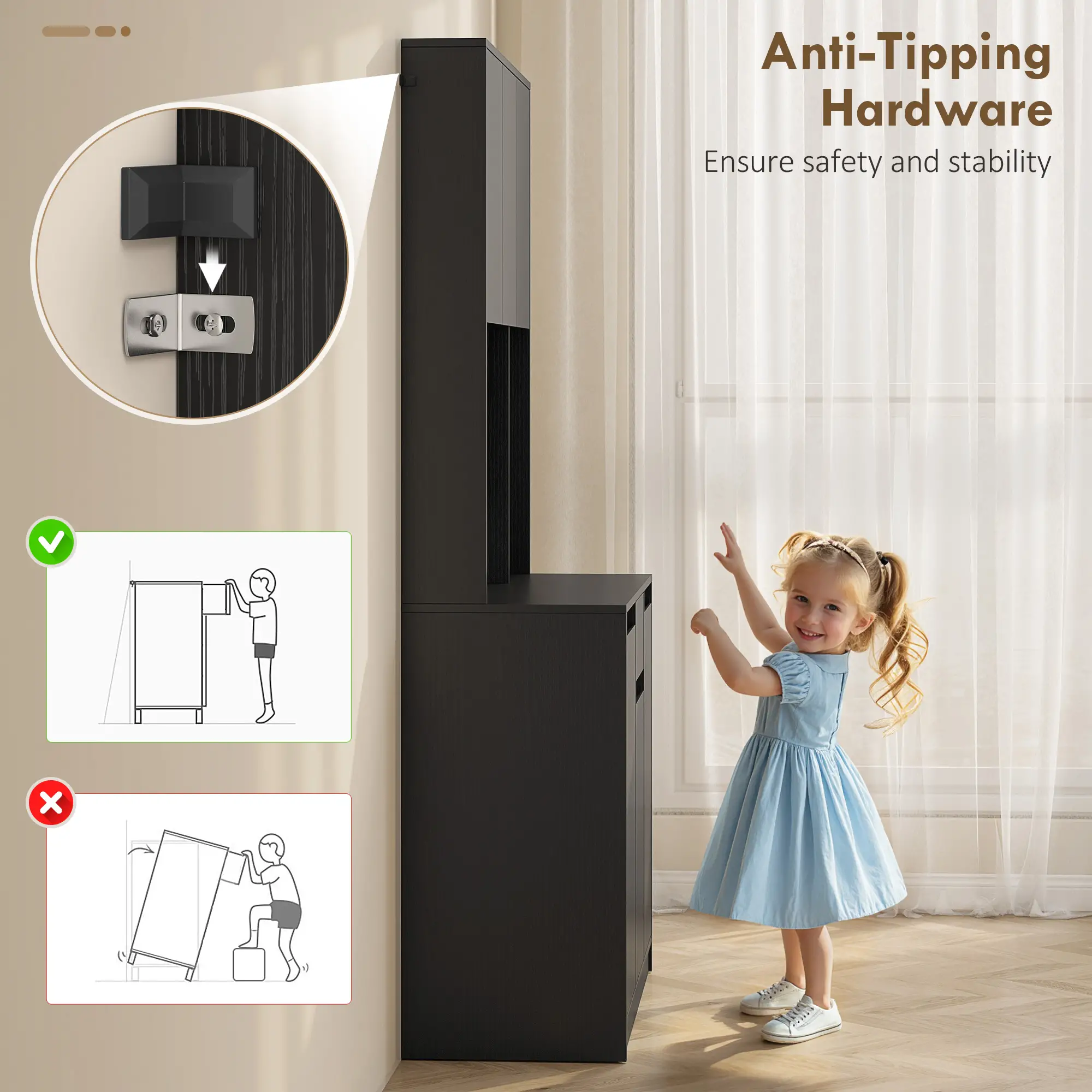 71 Inch Pantry Cabinet with Charging Station, Microwave Stand, Black - Image 9