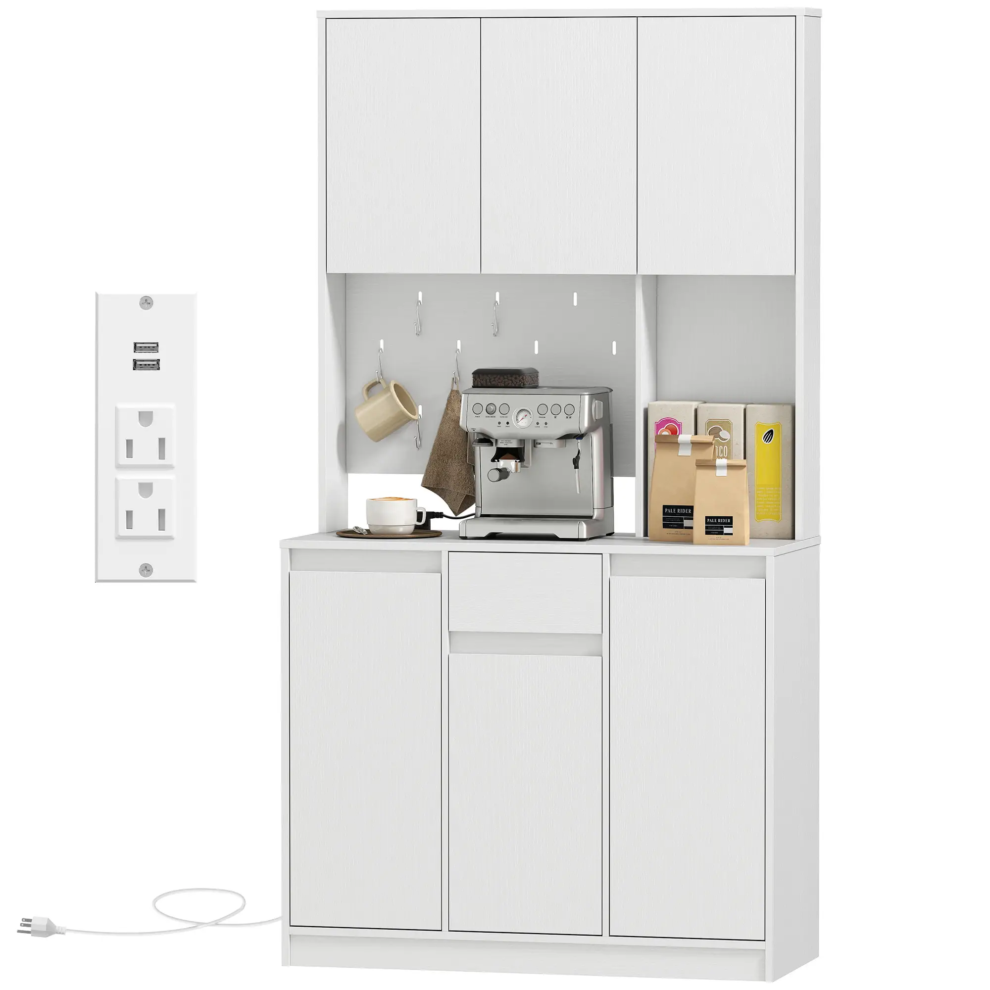 71 Inch Pantry Cabinet with Charging Station, Microwave Stand, Pegboard, White