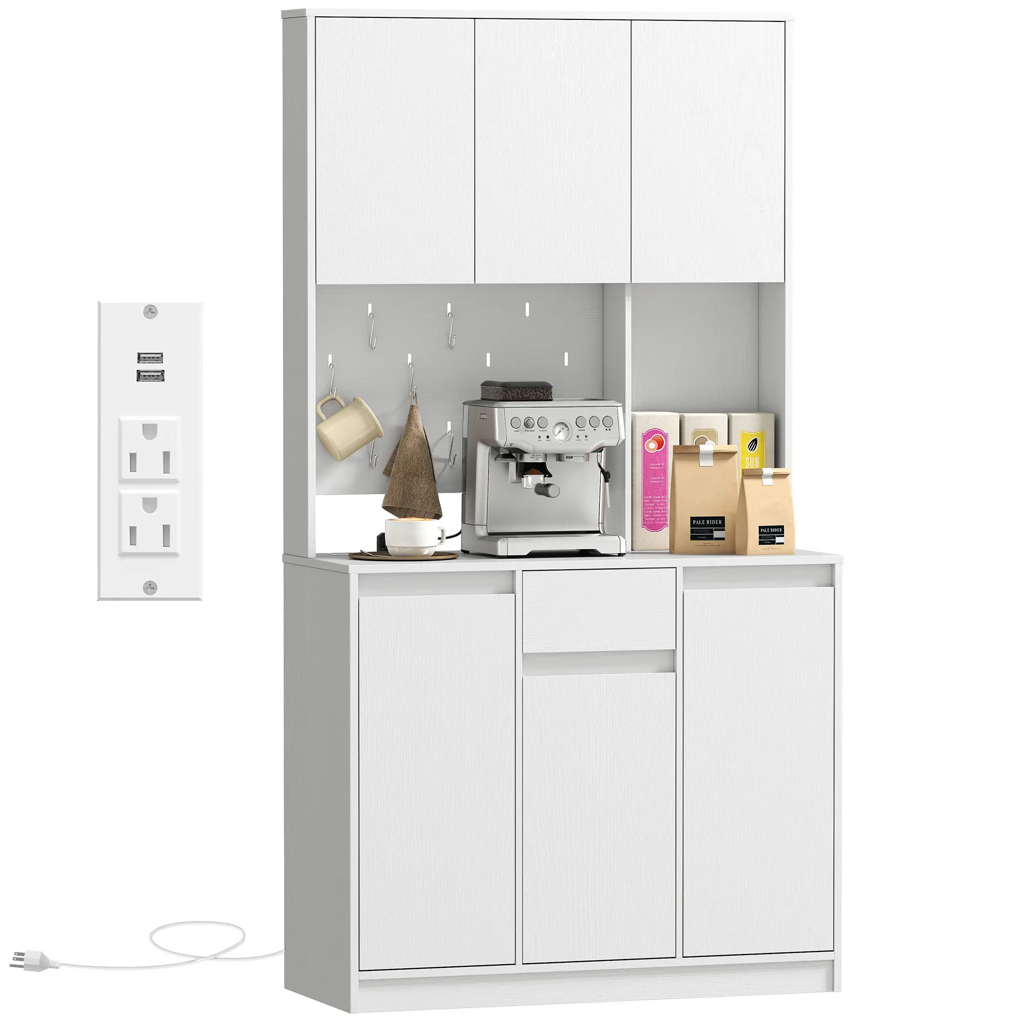 71 Inch Pantry Cabinet with Charging Station, Microwave Stand, Pegboard, White - Image 11