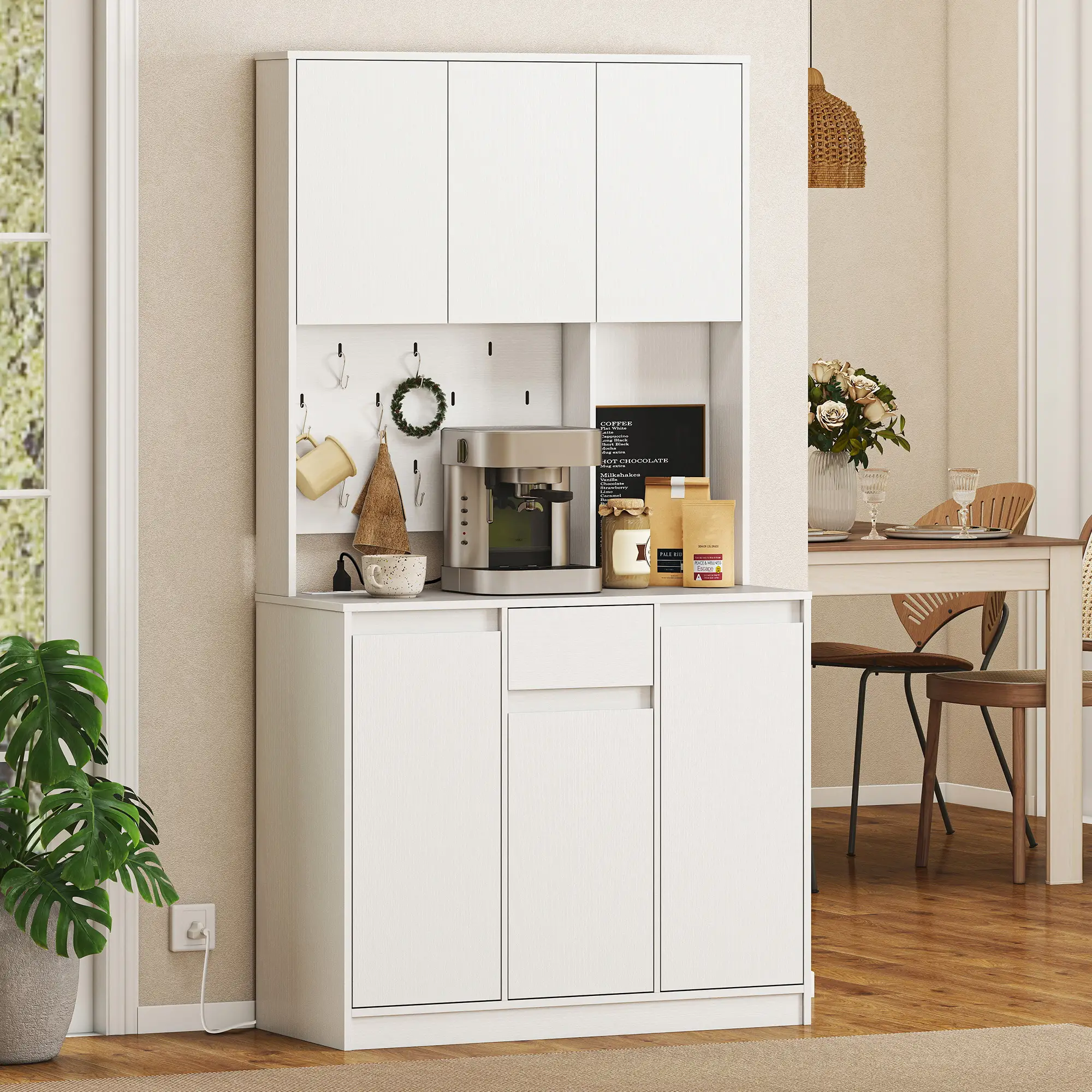 71 Inch Pantry Cabinet with Charging Station, Microwave Stand, Pegboard, White - Image 2