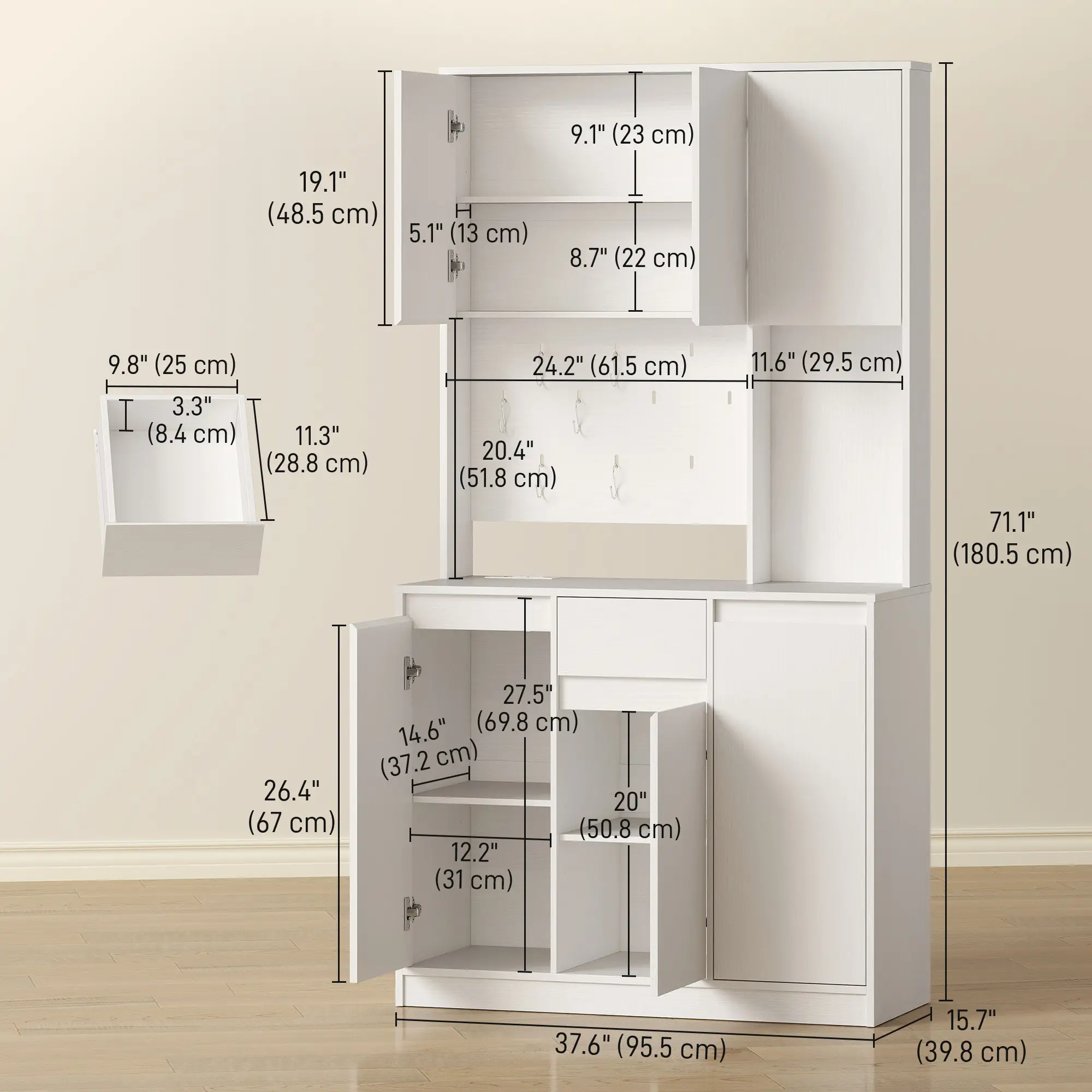 71 Inch Pantry Cabinet with Charging Station, Microwave Stand, Pegboard, White - Image 3