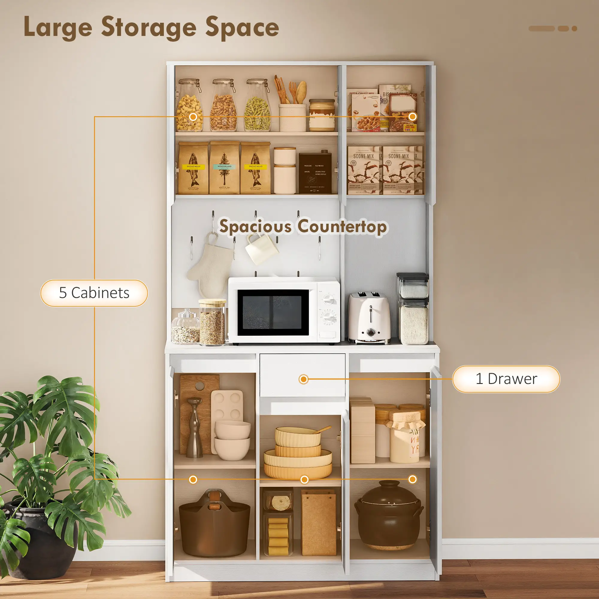 71 Inch Pantry Cabinet with Charging Station, Microwave Stand, Pegboard, White - Image 4
