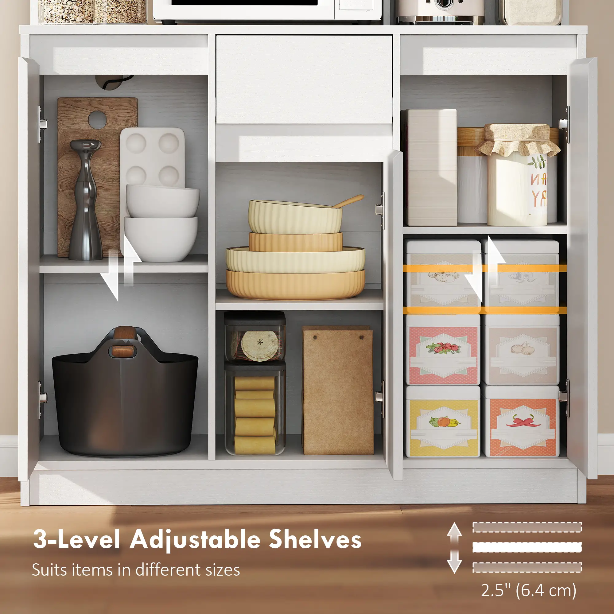 71 Inch Pantry Cabinet with Charging Station, Microwave Stand, Pegboard, White - Image 5