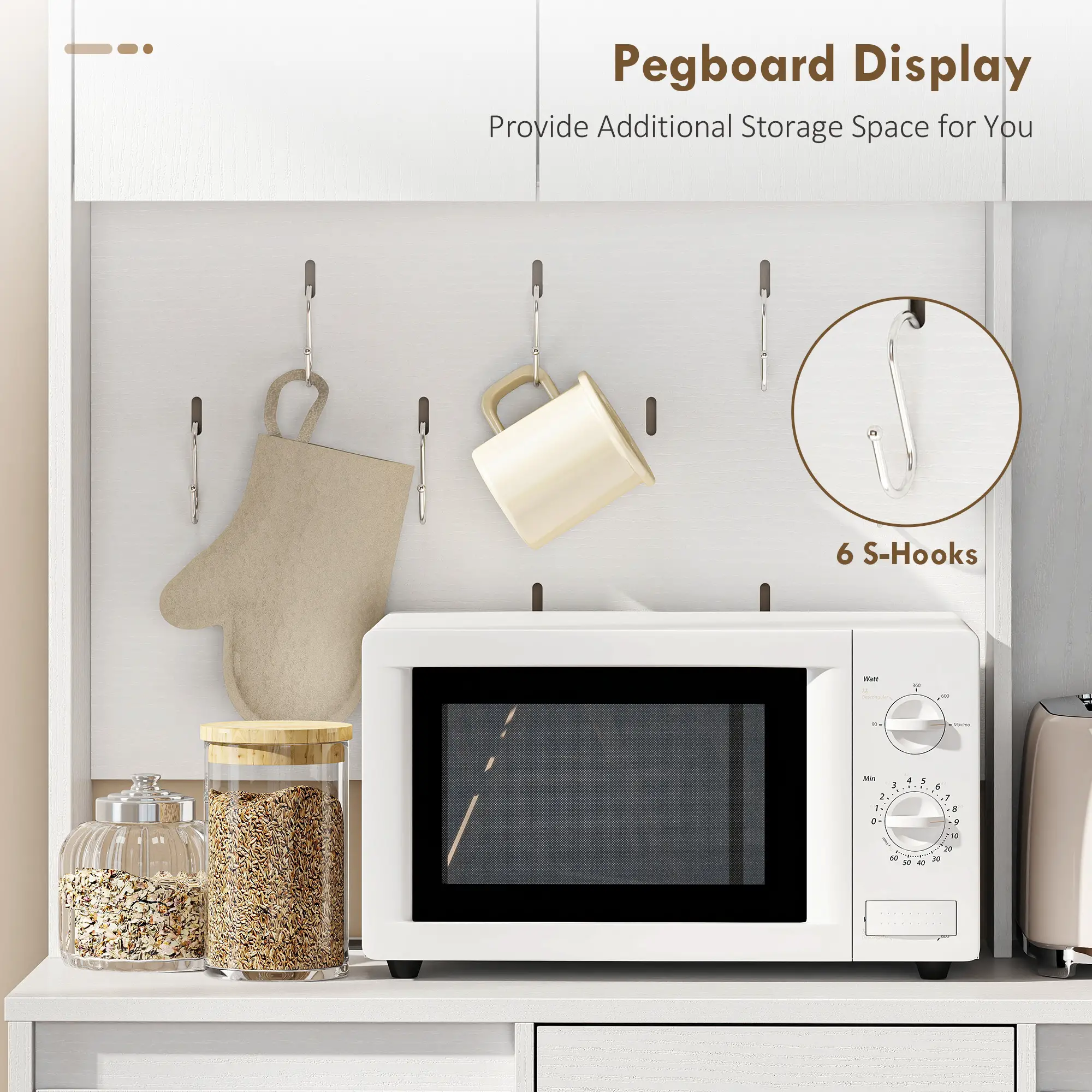 71 Inch Pantry Cabinet with Charging Station, Microwave Stand, Pegboard, White - Image 6