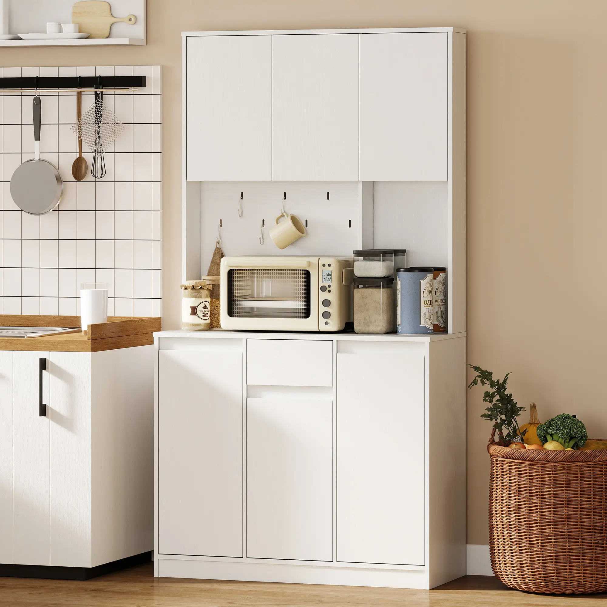 71 Inch Pantry Cabinet with Charging Station, Microwave Stand, Pegboard, White - Image 8