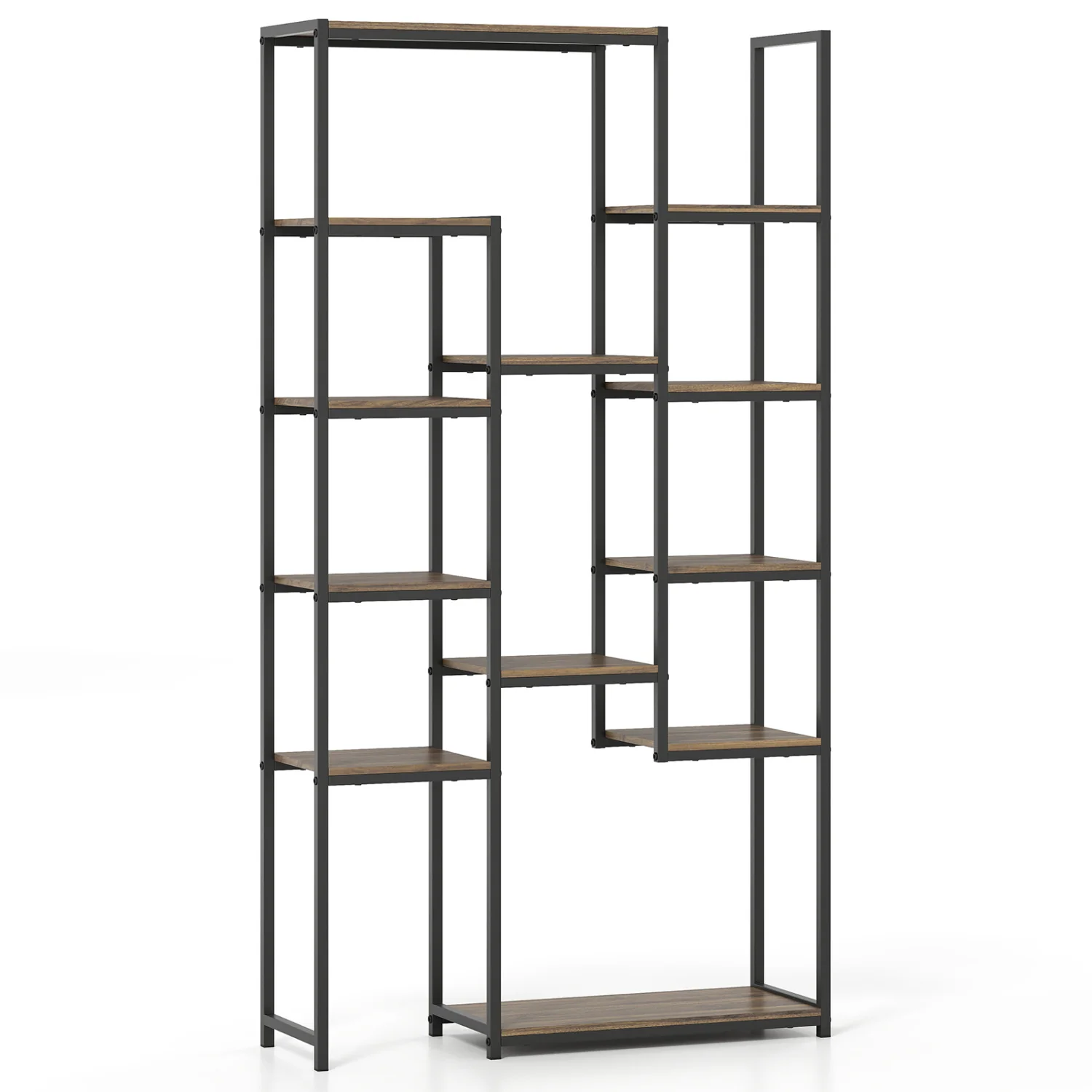 71 Inch Vintage Geometric Bookshelf, 12 Open Shelves, Walnut - Image 4