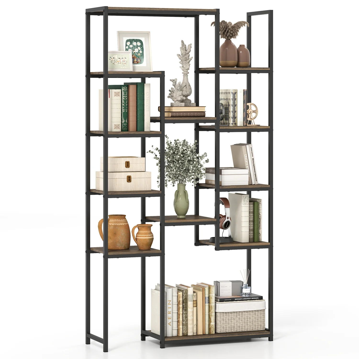 71 Inch Vintage Geometric Bookshelf, 12 Open Shelves, Walnut - Image 5