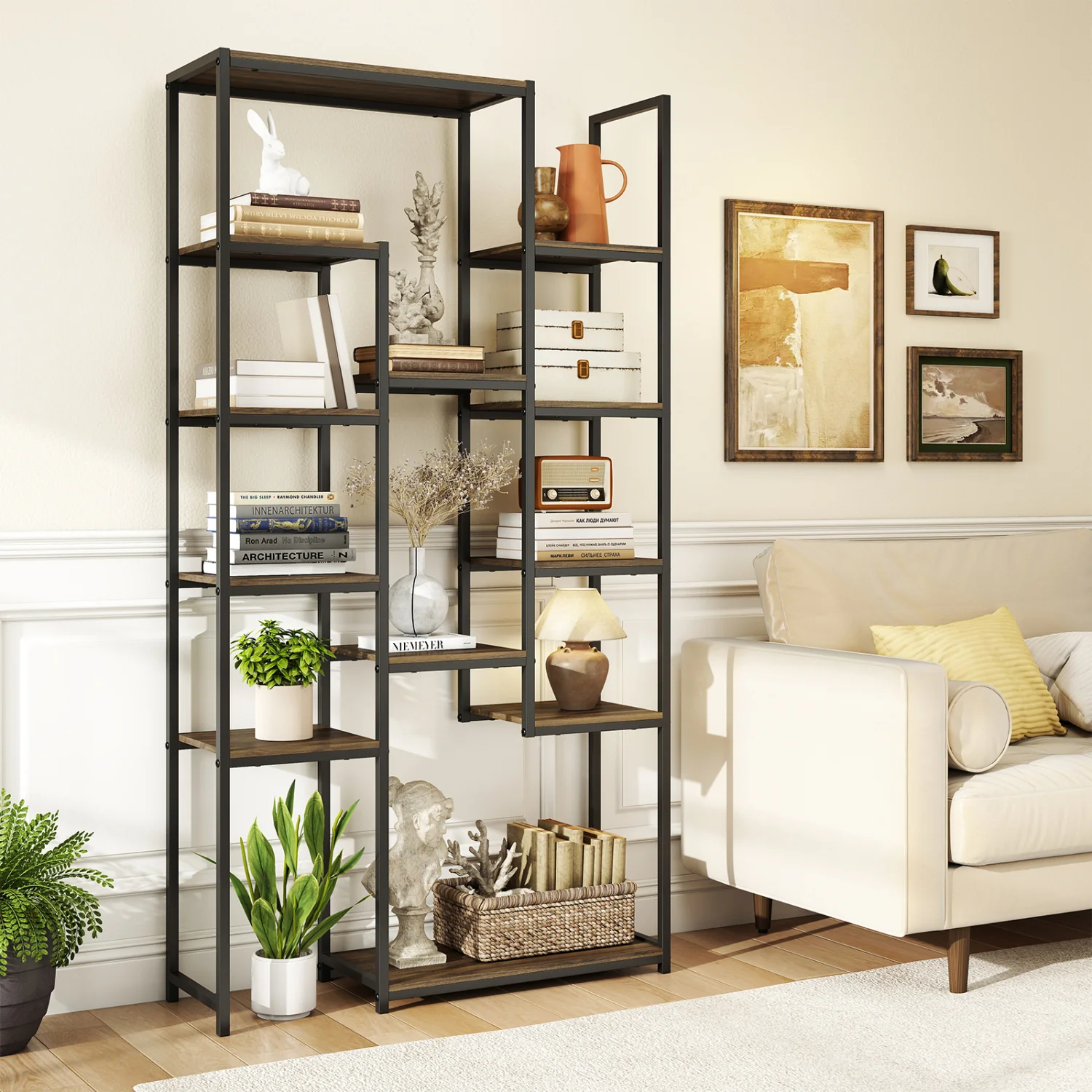 71 Inch Vintage Geometric Bookshelf, 12 Open Shelves, Walnut - Image 7