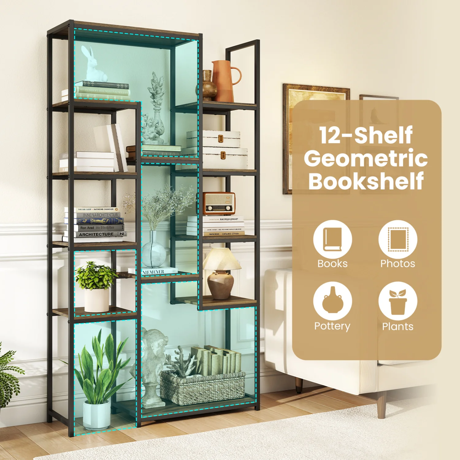 71 Inch Vintage Geometric Bookshelf, 12 Open Shelves, Walnut - Image 9