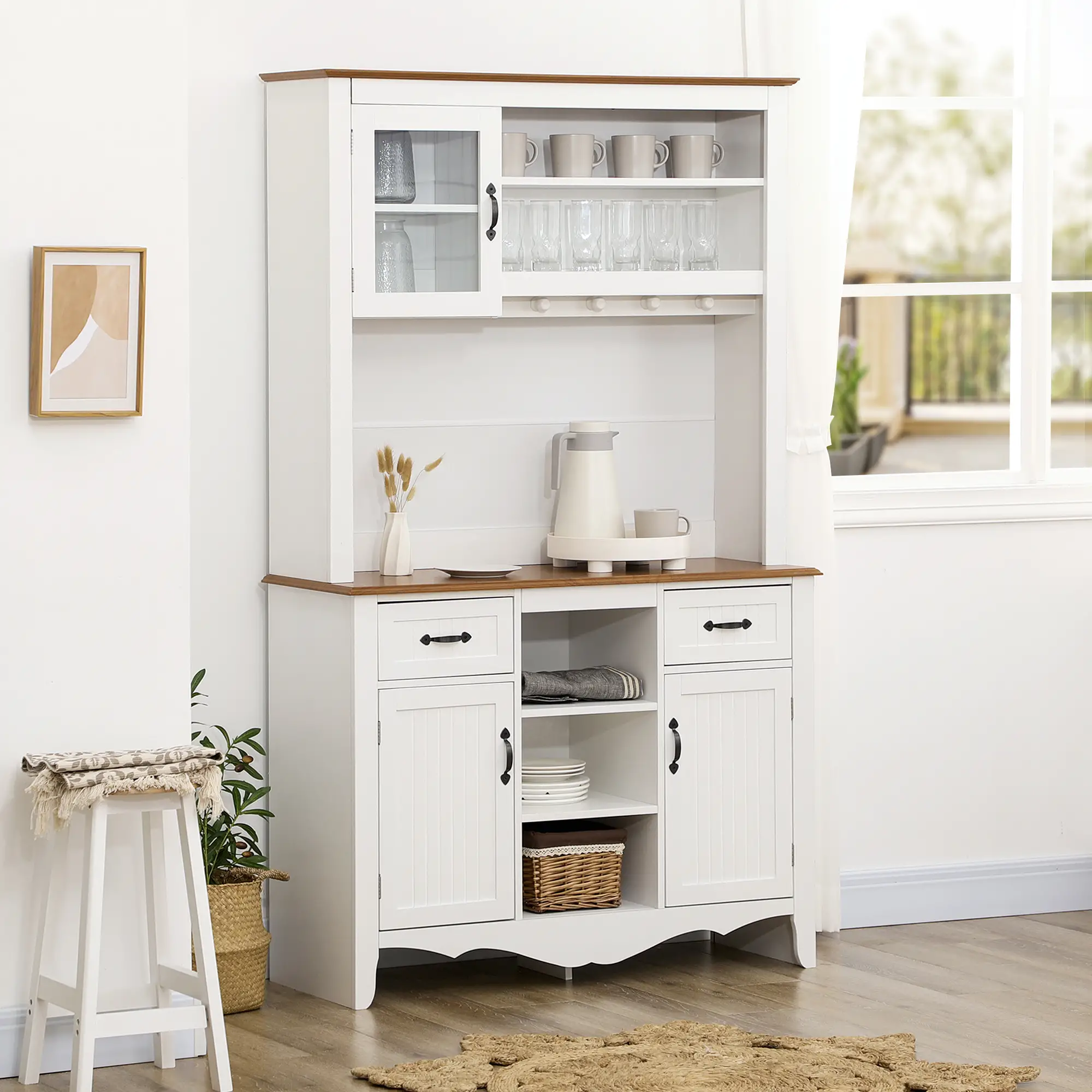 71" Kitchen Buffet with Hutch, Farmhouse Style, White - Image 2