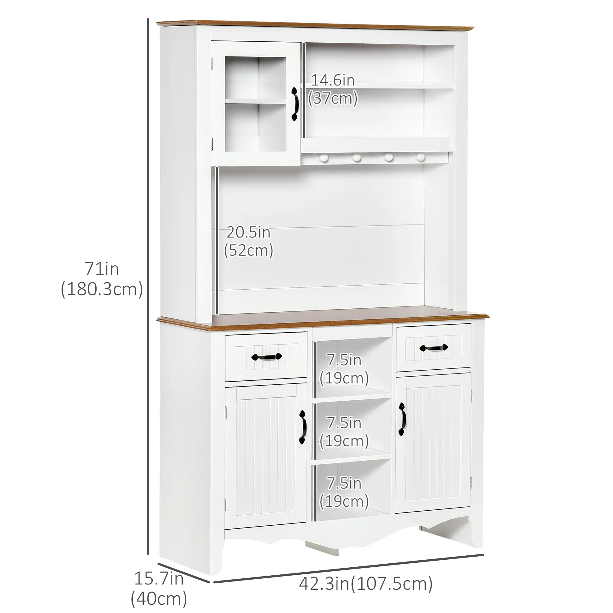 71" Kitchen Buffet with Hutch, Farmhouse Style, White - Image 3
