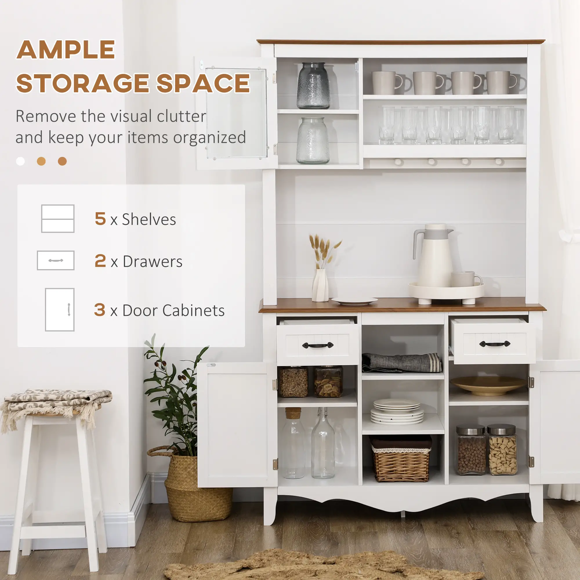 71" Kitchen Buffet with Hutch, Farmhouse Style, White - Image 4