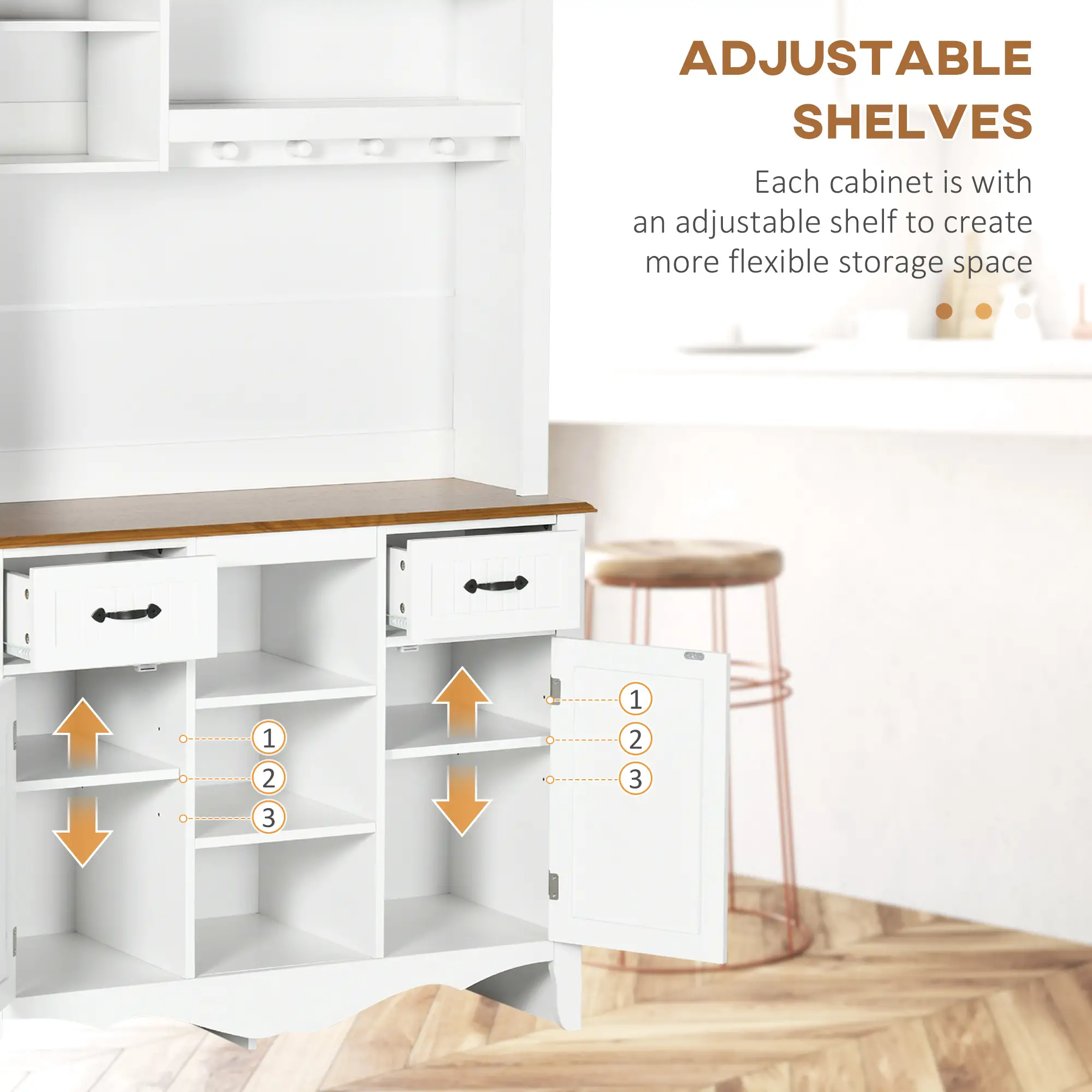 71" Kitchen Buffet with Hutch, Farmhouse Style, White - Image 6